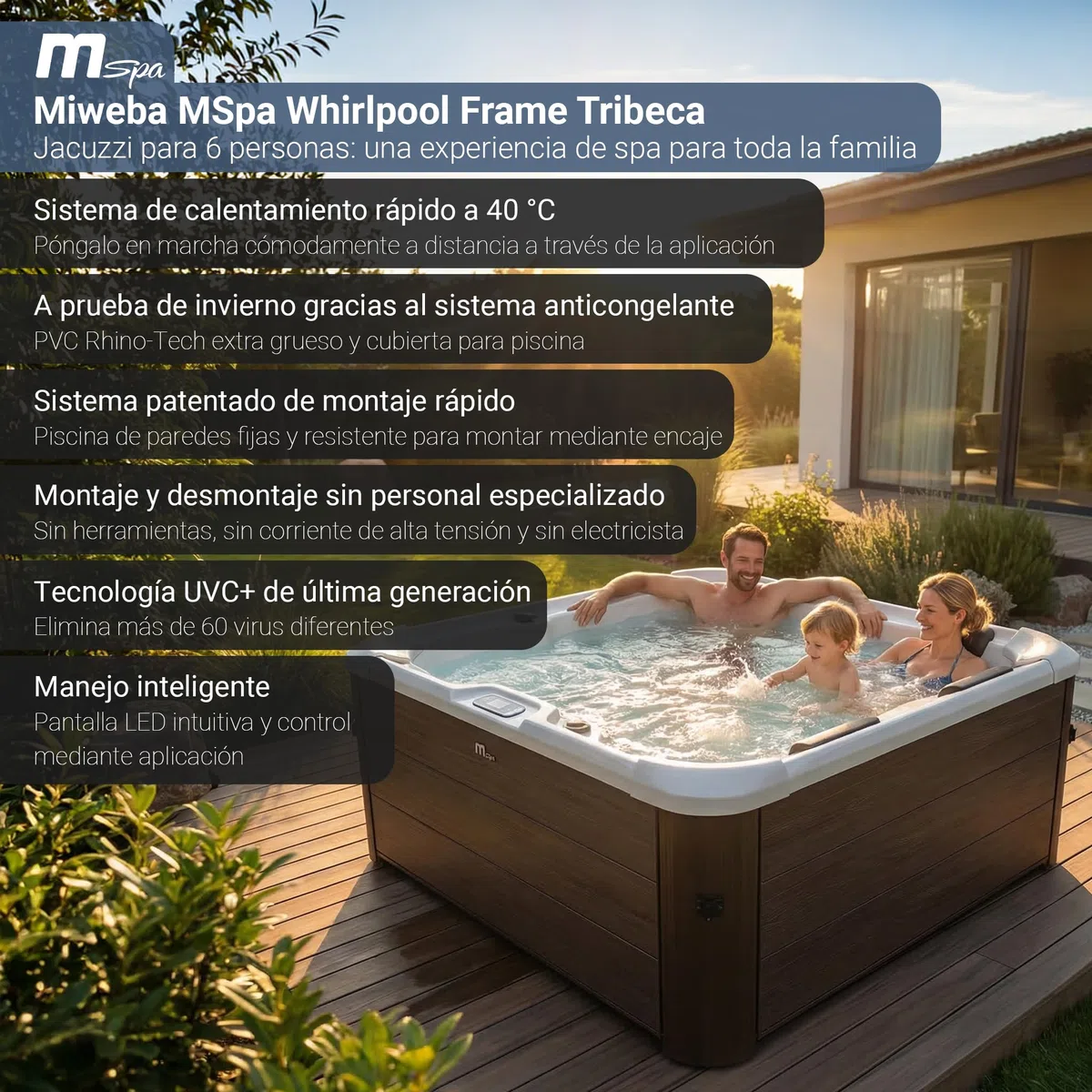 Miweba Whirlpool MSpa Tribeca con Pared Exterior Rígida | Control por App | SPA para 6 Personas | 160x160x65 cm | 120 Chorros de Masaje | Uso Todo el Año Resistente al Invierno