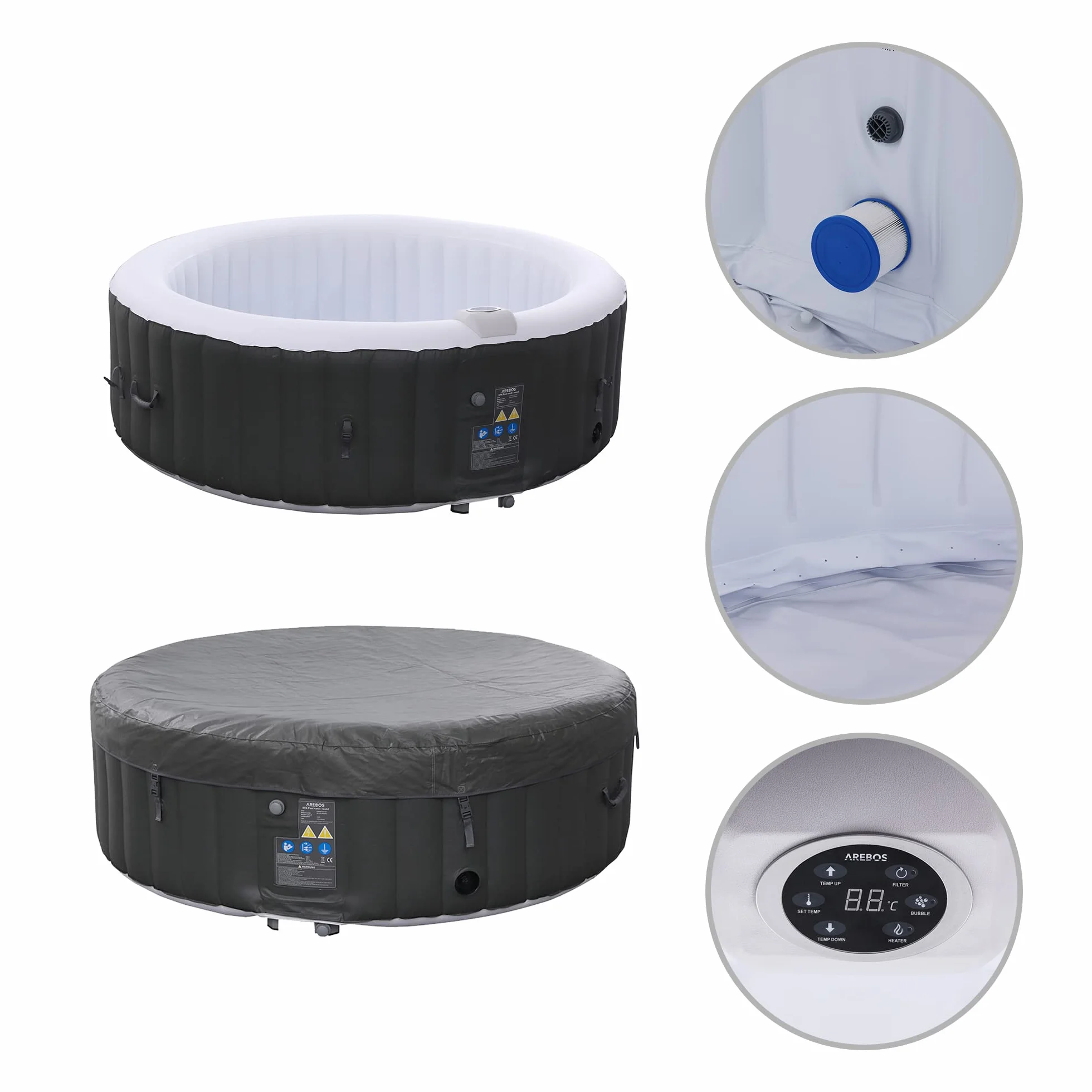 Arebos SPA Hinchable Piscina de hidromasaje | Hinchable | Redonda | para Interior y Exterior | ⌀ 208 cm | 6 Personas | 130 chorros de Masaje | 1000 litros