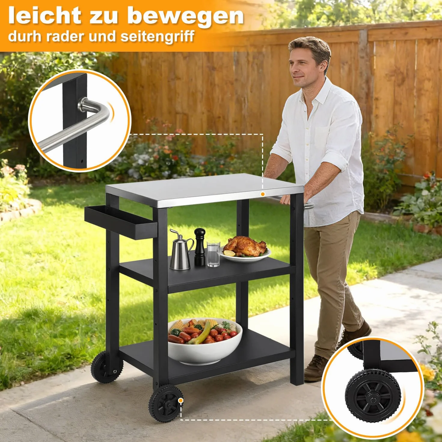 Carro de barbacoa regulable en altura, mesa de barbacoa con 3 estantes, 6 ganchos, asa y estante para especias, carrito de cocina al aire libre con ruedas, mesa de acero inoxidable para jardín