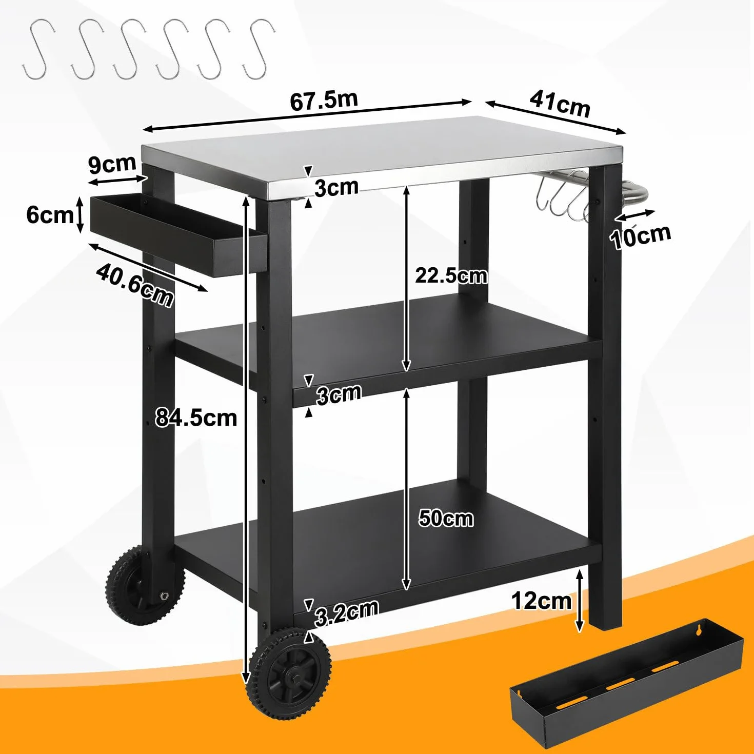 Carro de barbacoa regulable en altura, mesa de barbacoa con 3 estantes, 6 ganchos, asa y estante para especias, carrito de cocina al aire libre con ruedas, mesa de acero inoxidable para jardín