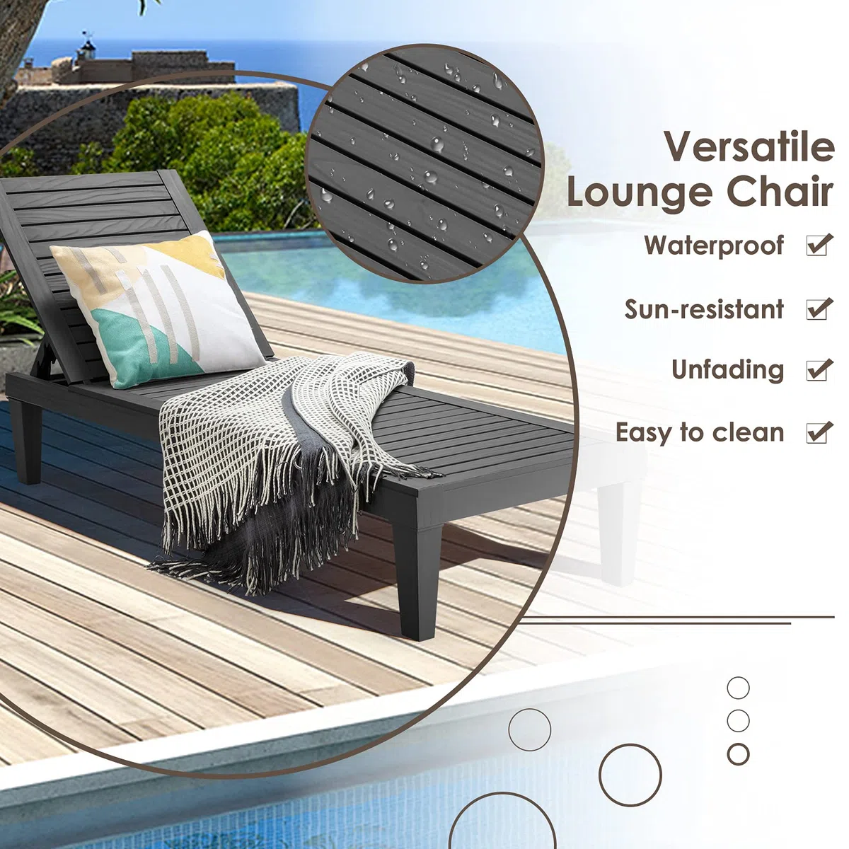 GIANTEX Tumbona de Jardín Exterior con Respaldo Ajustable en 5 Posiciones, Tumbona Reclinable de PP con Acabado Efecto Madera, Carga 180 kg, para Playa, Balcón, Terraza, Piscina (1, Negro)