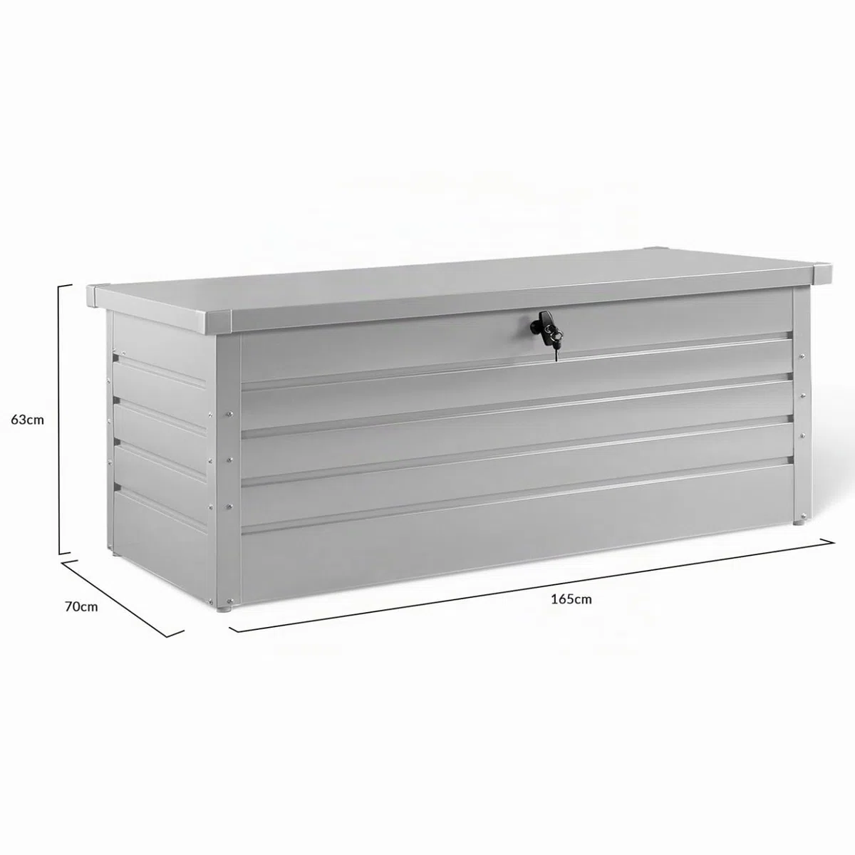 IDMarket - Baúl de almacenamiento de metal con cerradura para jardín, 600 L, 165 x 70 x 63 cm, color gris claro