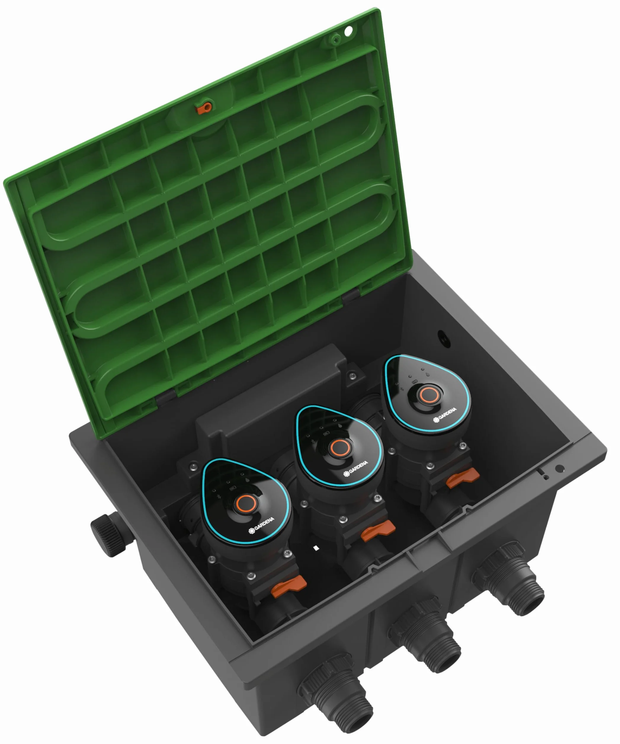 Gardena Set de cajas de válvulas Bluetooth de 9 V: caja de instalación en el suelo para el montaje subterráneo de válvulas de riego a batería, programable a través de la aplicación (1286-20)