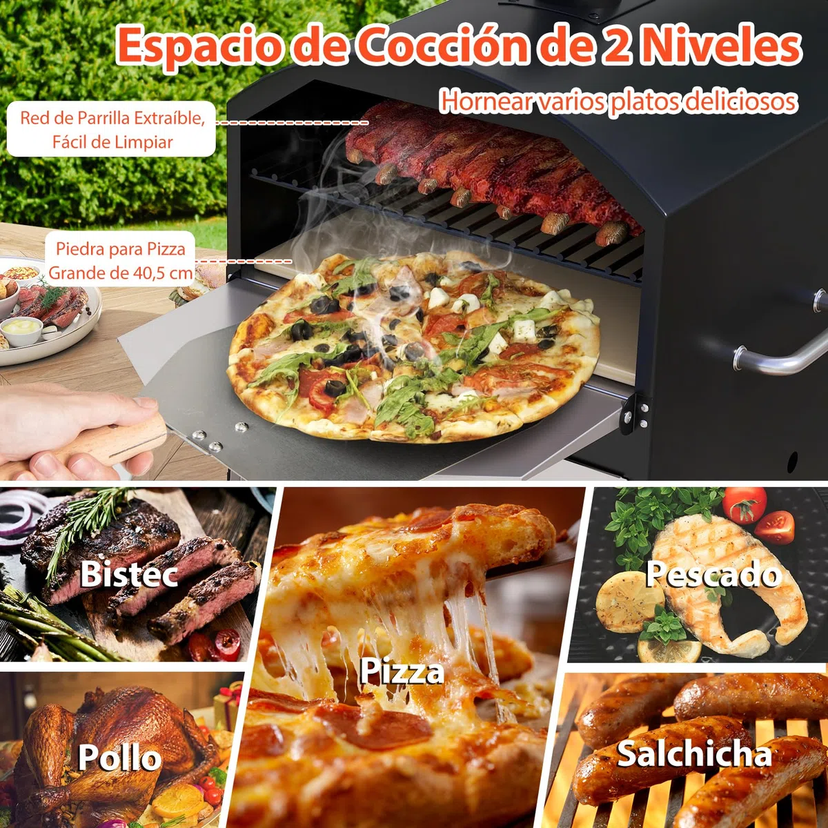 GOPLUS Horno de Pizza 16 Pulgadas Exterior, Horno de Pizza de Leña de 2 Capas con Piedra, Pala y Rejillas para Parrilla, Portátil con Patas Plegables y Cubierta, para Camping, BBQ, 61 x 53 x 83 cm