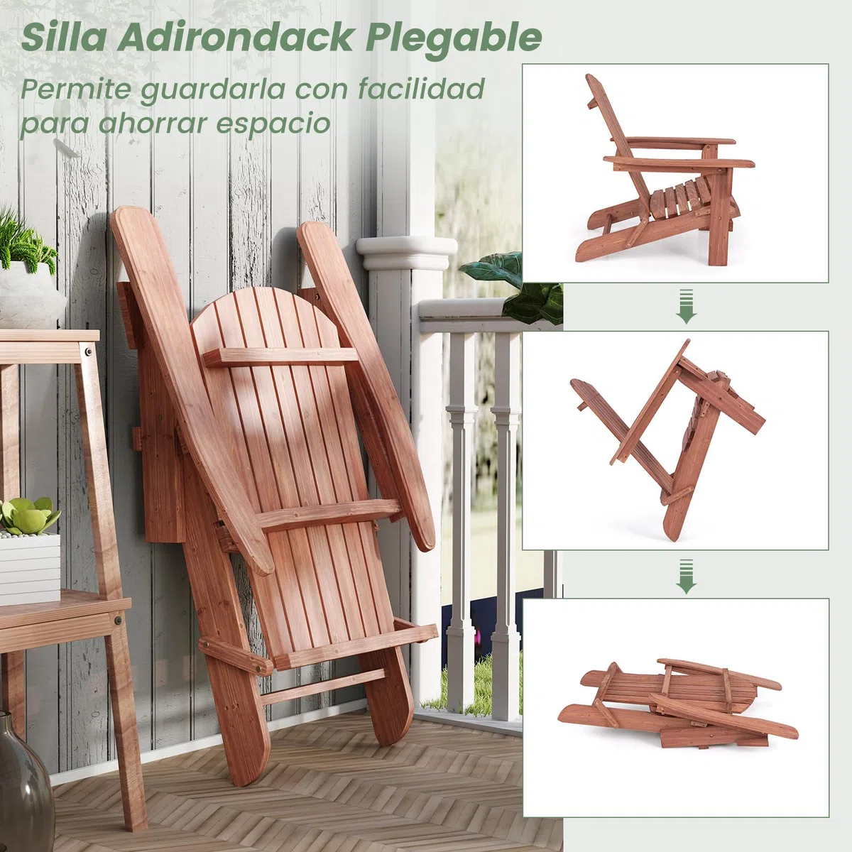 GIANTEX Juego de 1/2 Sillas Adirondack Plegables, Tumbona de Exterior con Estructura de Madera de Abeto, Respaldo Alto y Reposabrazos, Carga hasta 180 kg, Sillas para Patio, Jardín (1, Natural)
