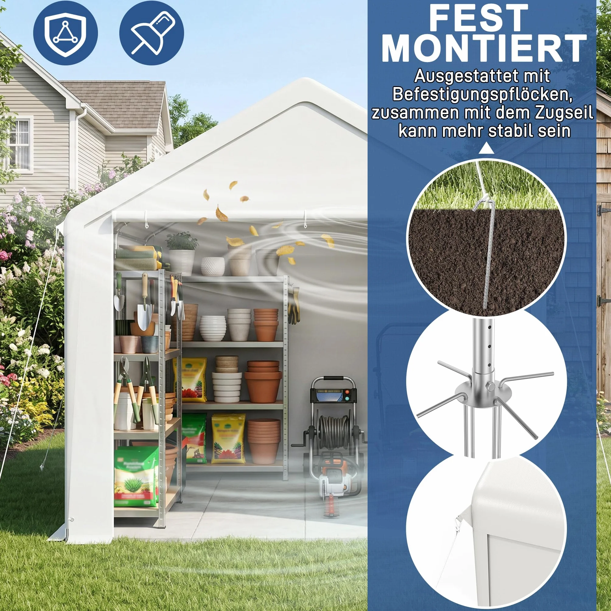 Carport - Tienda de campaña (3 x 6 m, lona de polietileno, resistente a la intemperie, marco de acero galvanizado, con anclajes y cuerdas tensoras, refugio para coches, dispositivos y