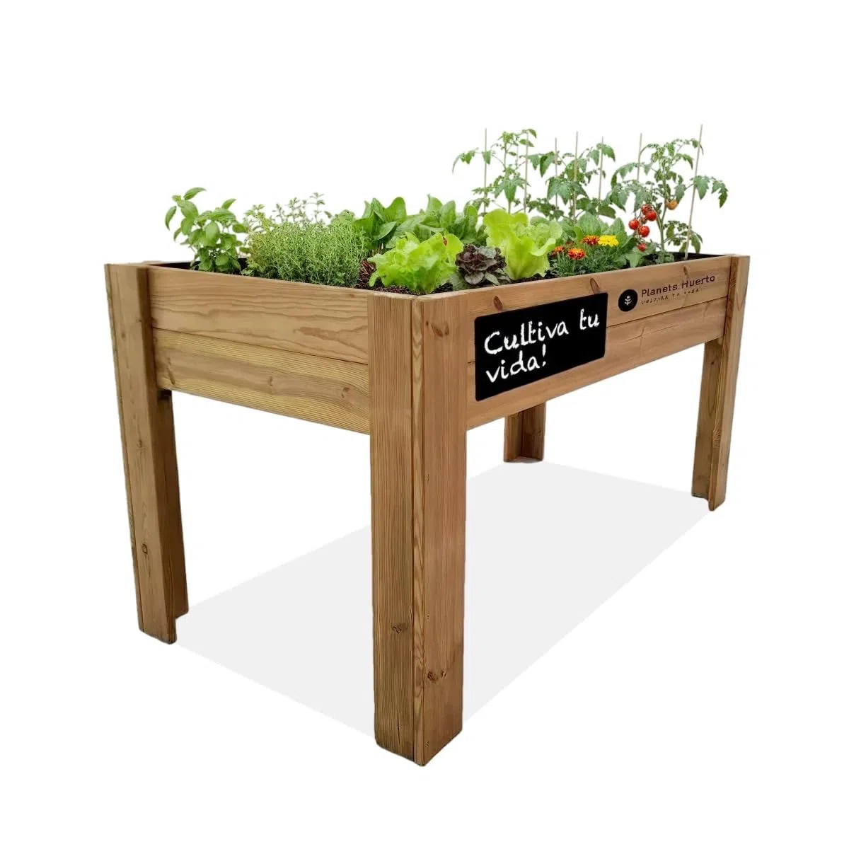 Planeta HUERTO | Mesa de Cultivo de Madera FSC 160x80x80 cm, Huerto Urbano Elevado con Malla Geotextil, Capacidad 220 L y Pizarra Personalizable - Mesa de Cultivo Ideal para Terraza y Jardín