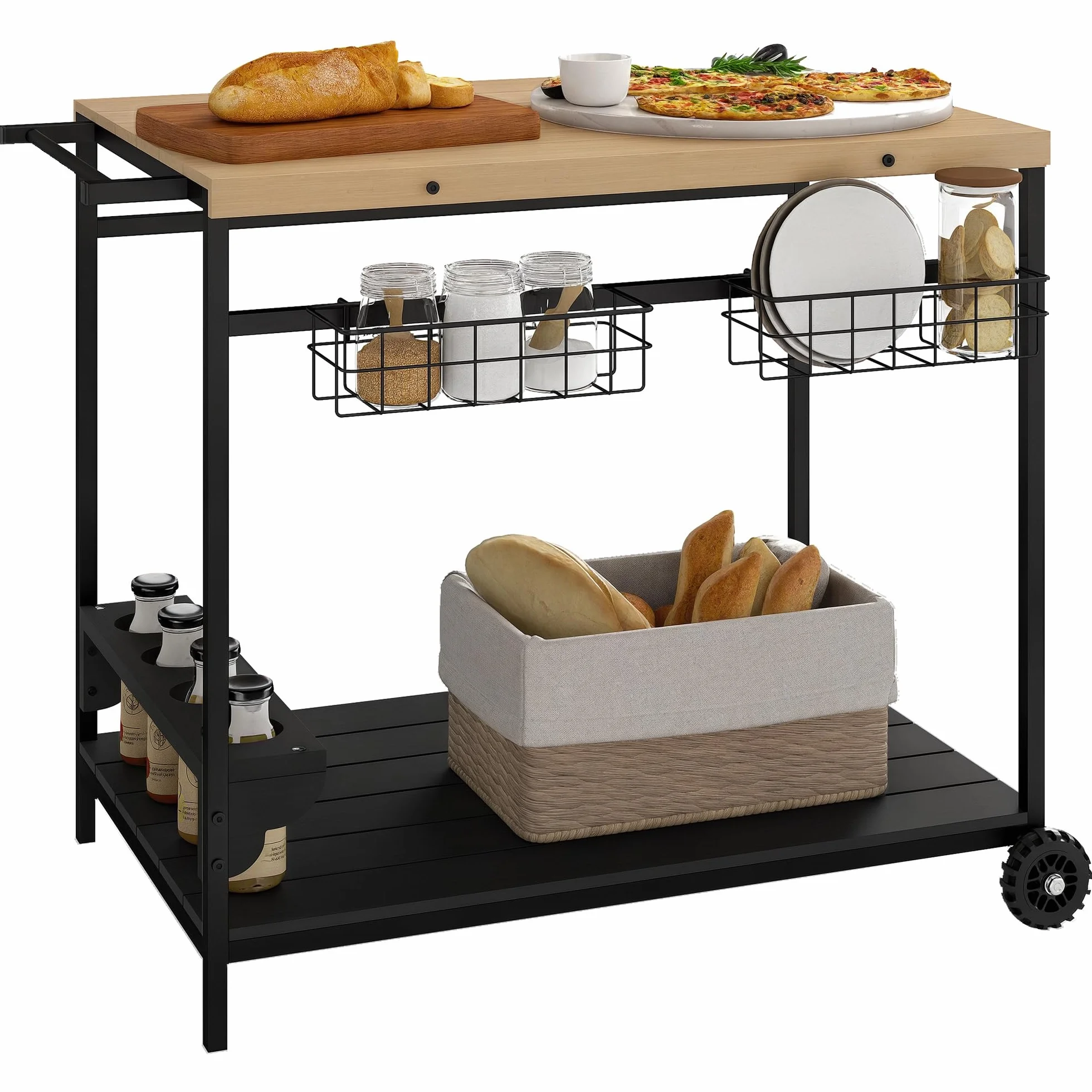 Outsunny Camarera con Ruedas de Madera Carro de Servicio con 2 Estantes 2 Cestas Metálicas y Soportes para Botellas para Jardín Terraza Patio 97,5x65x81 cm Natural y Negro