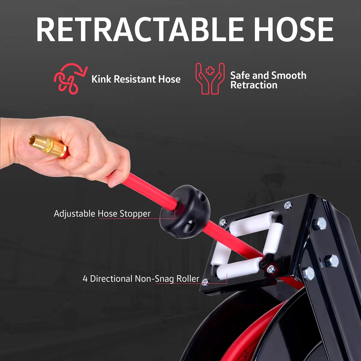 SuperHandy Carrete de Manguera Aire Comprimido 3/8" x 15m de Largo Prima Comercial Flex Híbrido Polímero Manguera Accionado por Resorte de Acero Resistentes