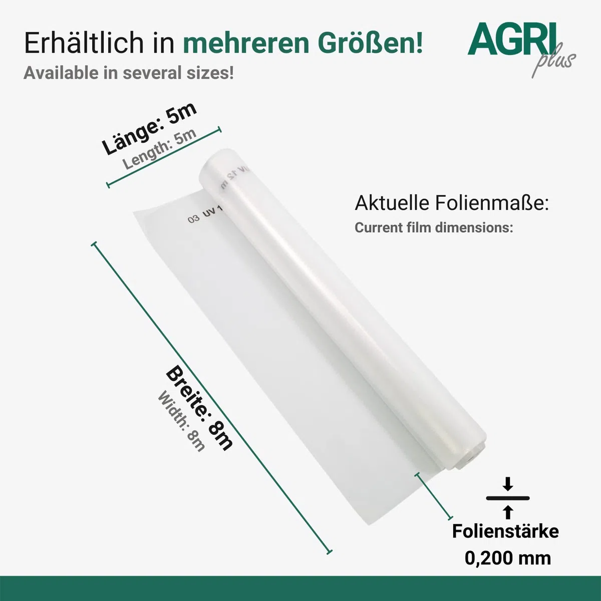 AGRI plus Lámina de invernadero con cinta de reparación, 8 x 5 m, diferentes tamaños, grosor de 0,200 mm, resistente a la rotura y a los rayos UV durante 5 años.