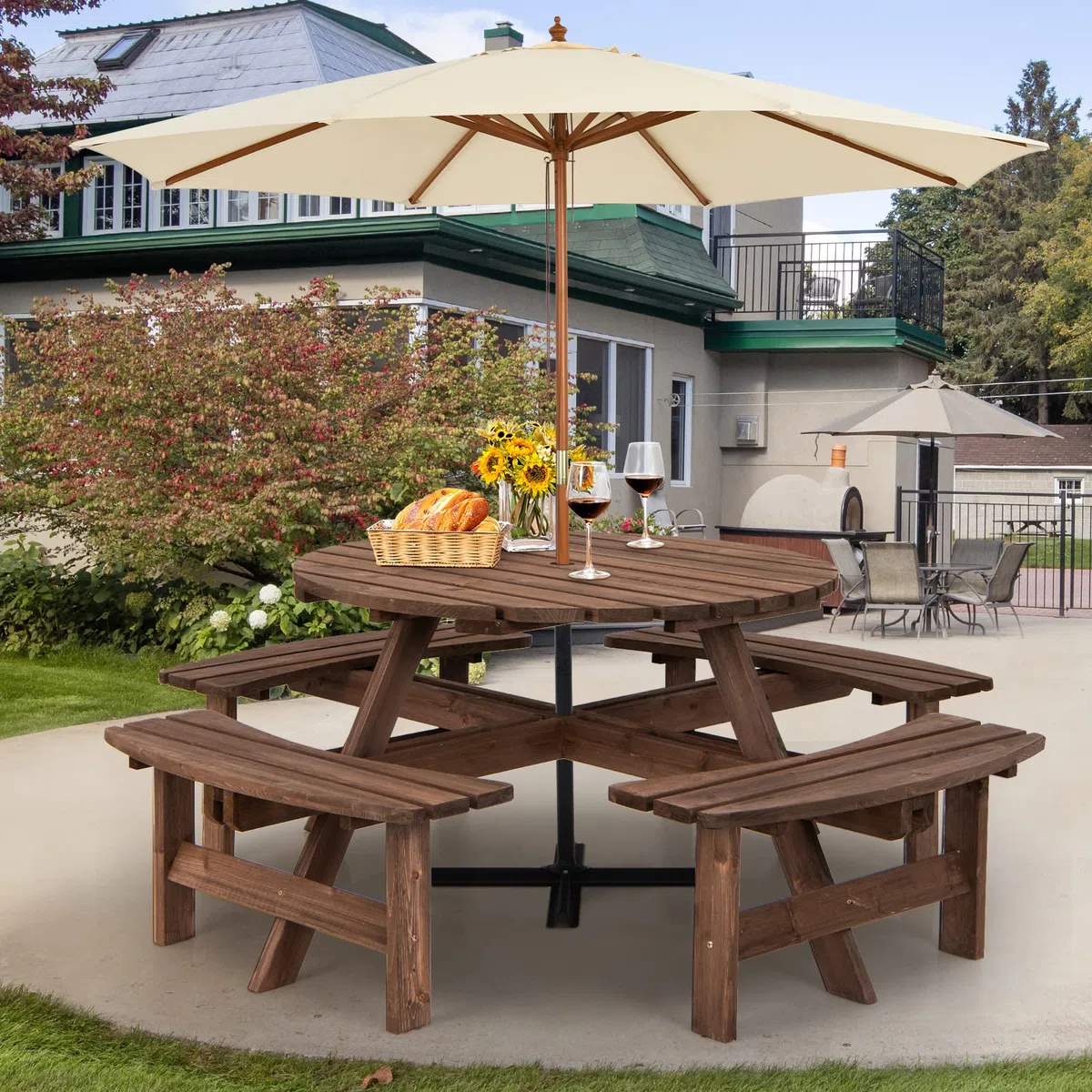 GIANTEX Juego de Muebles de Jardín al Aire Libre de Madera de Abeto para 8 Personas, Juego de Mesa de Picnic con Agujero para Sombrilla para Patio, Jardín, Terraza
