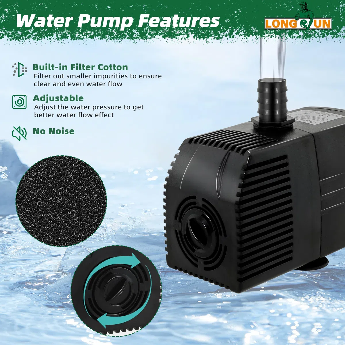 LONGRUN Kit de Cascada de Piscina de Acero Inoxidable de 23 cm, con luz LED RGB Bluetooth y Bomba de Agua de 1500 L