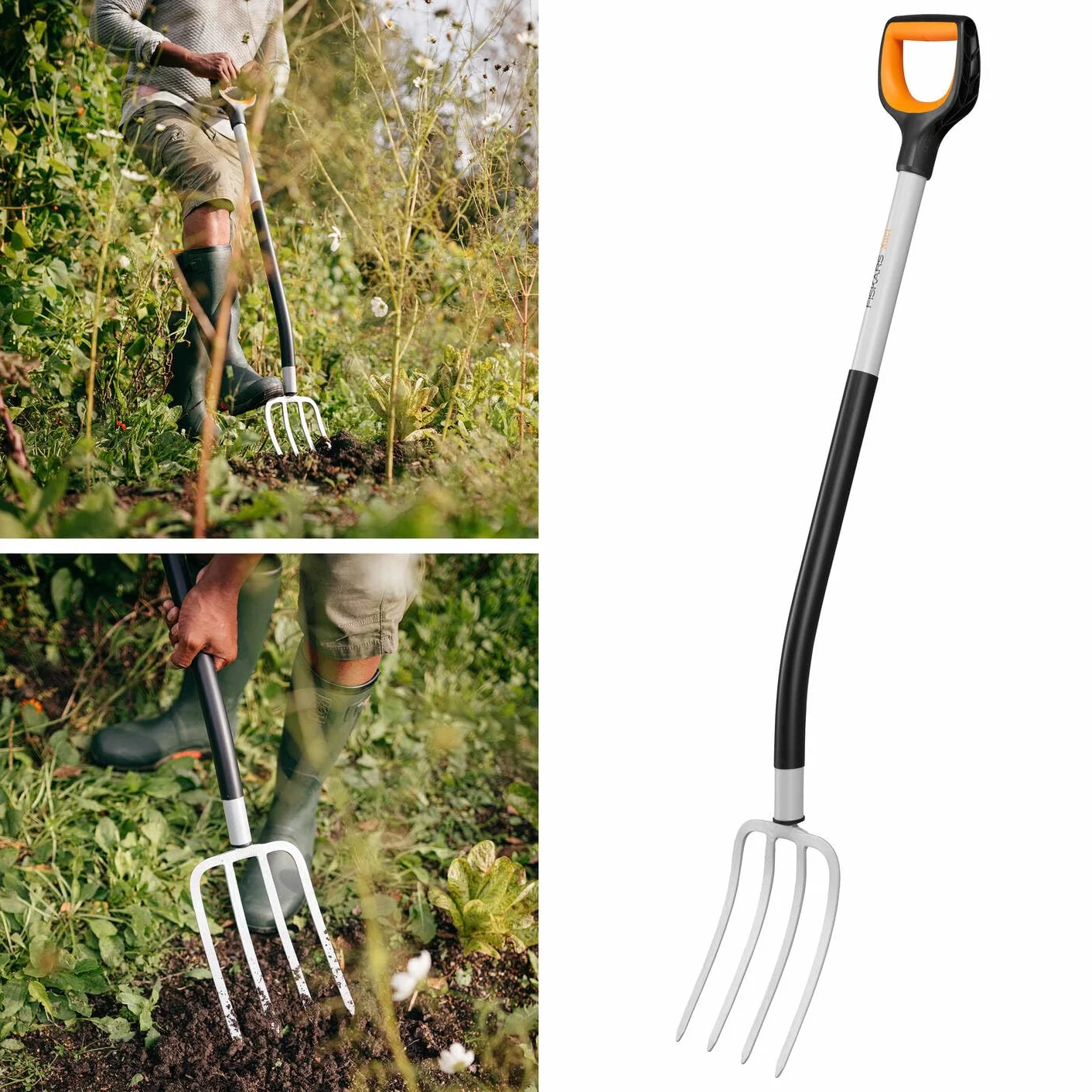 Fiskars Horca de jardín para suelos duros y pedregosos, Con 4 púas, Longitud: 120 cm, Púas de acero de calidad/Mango de plástico reforzado con fibra de vidrio, Negro/Naranja, Xact, 1070716
