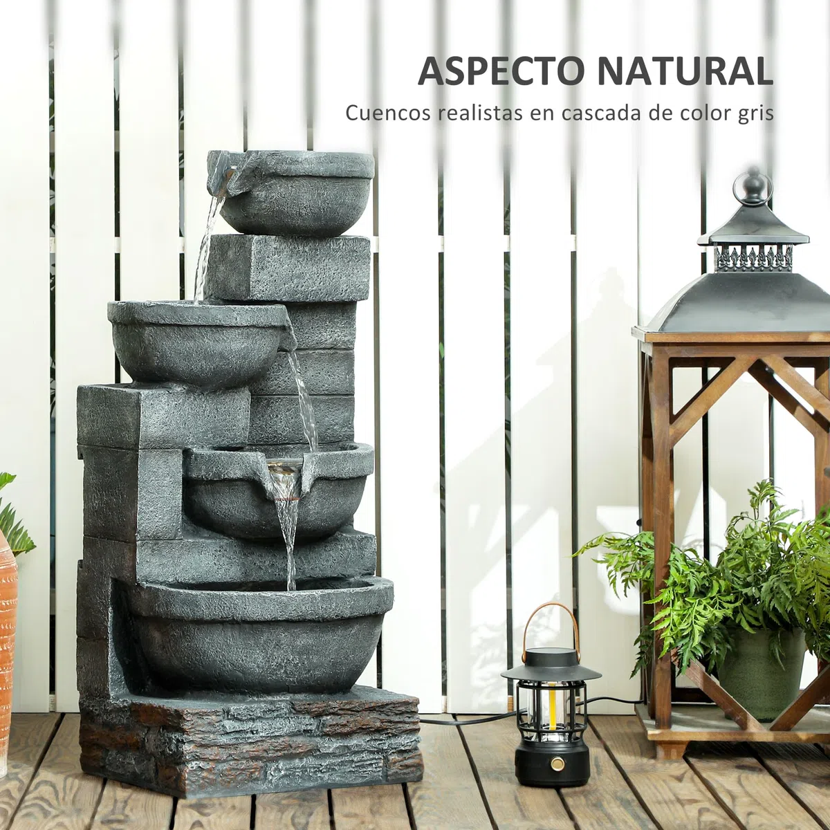 Outsunny Fuente de Agua Fuente de Jardín con Iluminación LED Fuente Decorativa en Cascada de 4 Niveles para Jardín Patio Terraza 38x35x78,5 cm Gris
