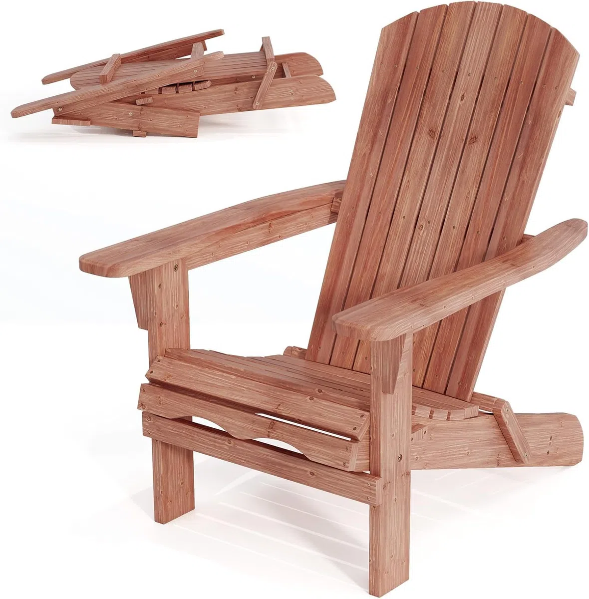 GIANTEX Juego de 1/2 Sillas Adirondack Plegables, Tumbona de Exterior con Estructura de Madera de Abeto, Respaldo Alto y Reposabrazos, Carga hasta 180 kg, Sillas para Patio, Jardín (1, Natural)