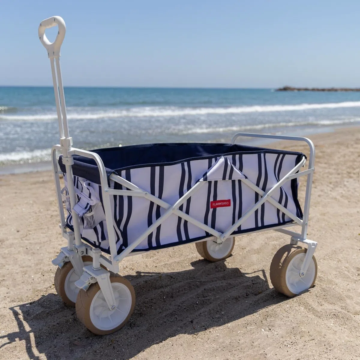 Flamingueo Carro Playa, Plegable con Ruedas, Giro 360º y Frenos Incorporados, Bolsa para Protección, Doble Posavasos, Poliéster, 83 x 50 x 93 cm