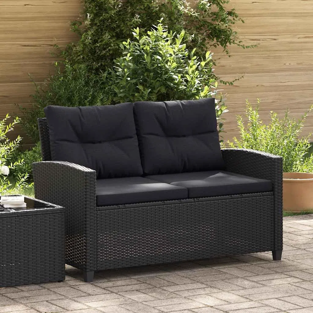 vidaXL Sofá de Jardín 2 Plazas y Cojines Asiento Patio Piscina Balcón Tumbona Salón al Aire Libre Exterior Cómodo Ratán Sintético Negro 124 cm