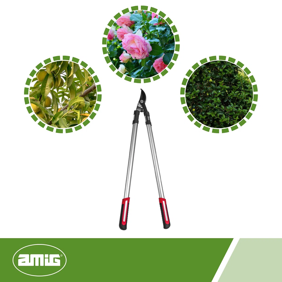 Amig - Tijera de Poda a Dos Manos - Mango de Aluminio y Hoja recubierta de Teflón - 80 cm - Corte Bypass - Capacidad de corte 38 mm - Para Ramas Verdes y Húmedas de Árboles y Arbustos