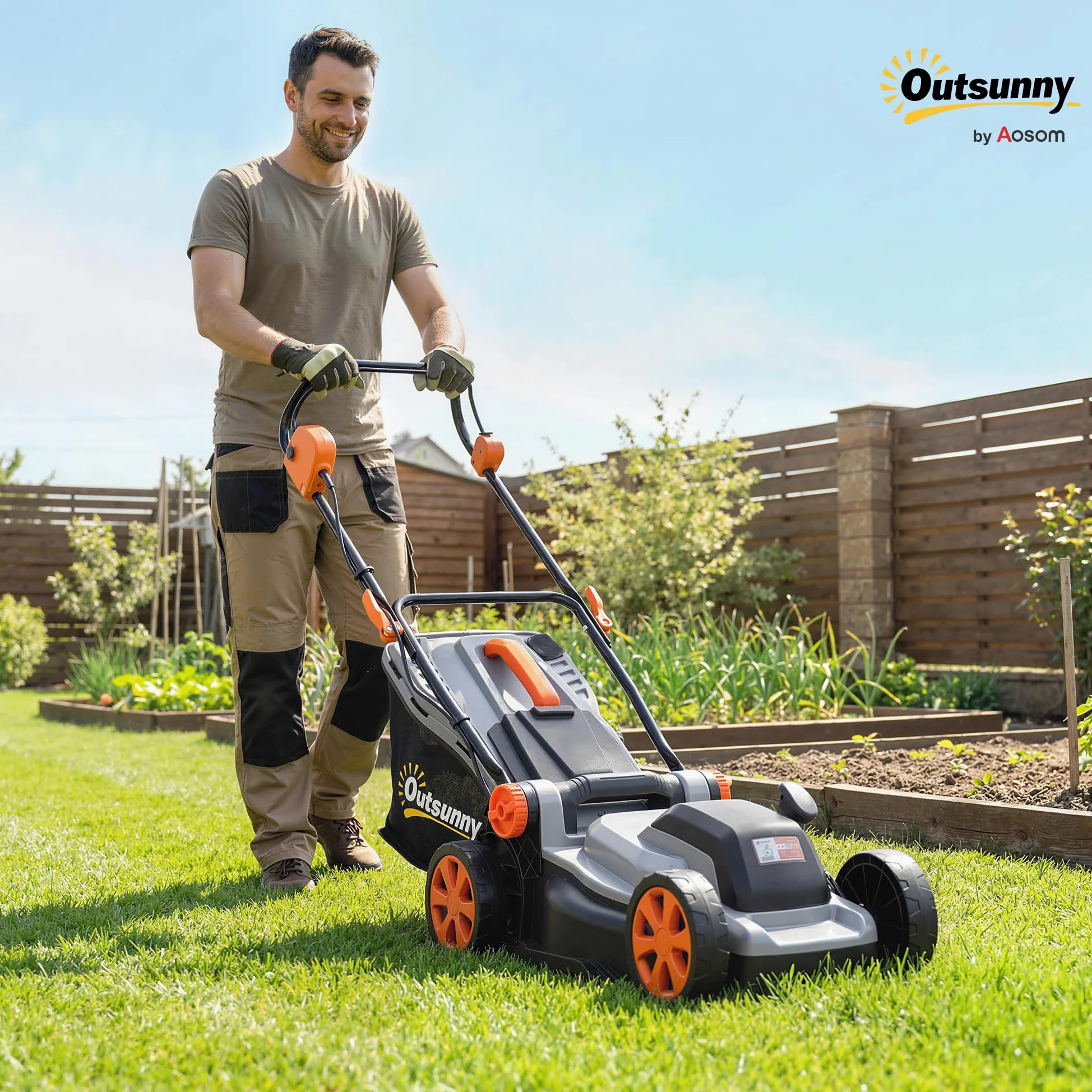 Outsunny Cortacésped a Batería Inalámbrico 18V, 2 Baterías de 4Ah, Ancho de Corte 34 cm hasta 400 m², Función Mulching, Motor sin Escobillas 700 W, Bolsa 35L, 6 Alturas Corte 25-75 mm, Mango Ajustable