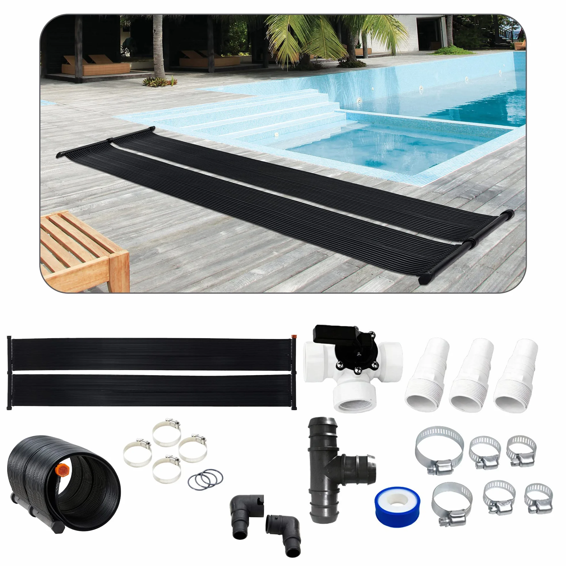 Arebos Calentador de Agua Solar | colector Solar | Calentador de Piscina | Colchoneta Solar | Absorbedor Solar | 300 x 66 cm | Plástico Resistente a los Rayos UV | Incl. Conjunto de derivación