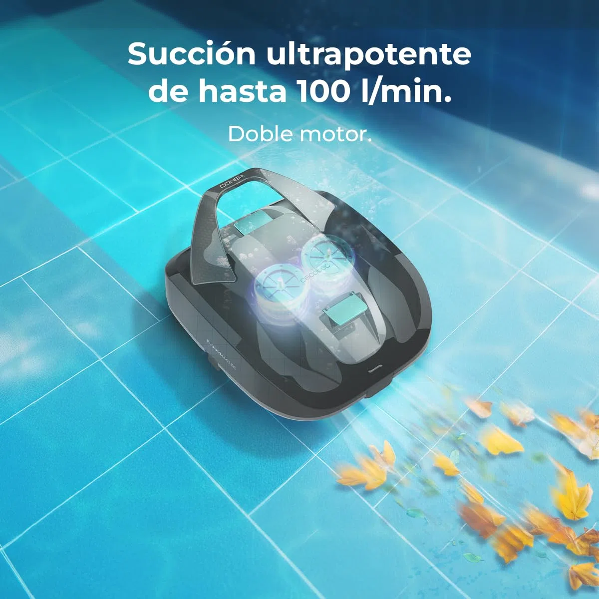 Cecotec Robot Limpiafondos sin Cable para Piscinas sin Pendientes Conga Pooldroid 2000 FloorMaster M. Superficies 80m2, Profundidad Máxima 2,5m, Autonomía 100mins, Filtro Alta Eficiencia 100μm, 2,5L