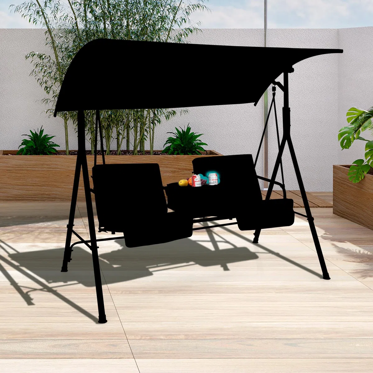 KOMFOTTEU Columpio de Jardín para 2 Personas, Balancín Terreza Exterior con Toldo Ajustable, Banco Mecedora con Bandeja y Bolsa de Refrigeración, para Balcón, Patio (Negro)