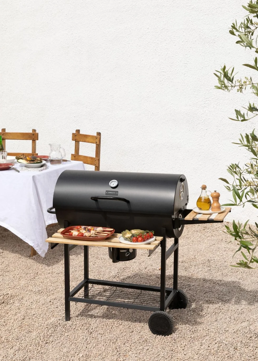 CREATE/BBQ SMOKEY/Barbacoa ahumadora de carbón con ruedas negro/De acero inoxidable, parrilla superior, control de temperatura, bandeja frontral y lateral, fácil de transportar