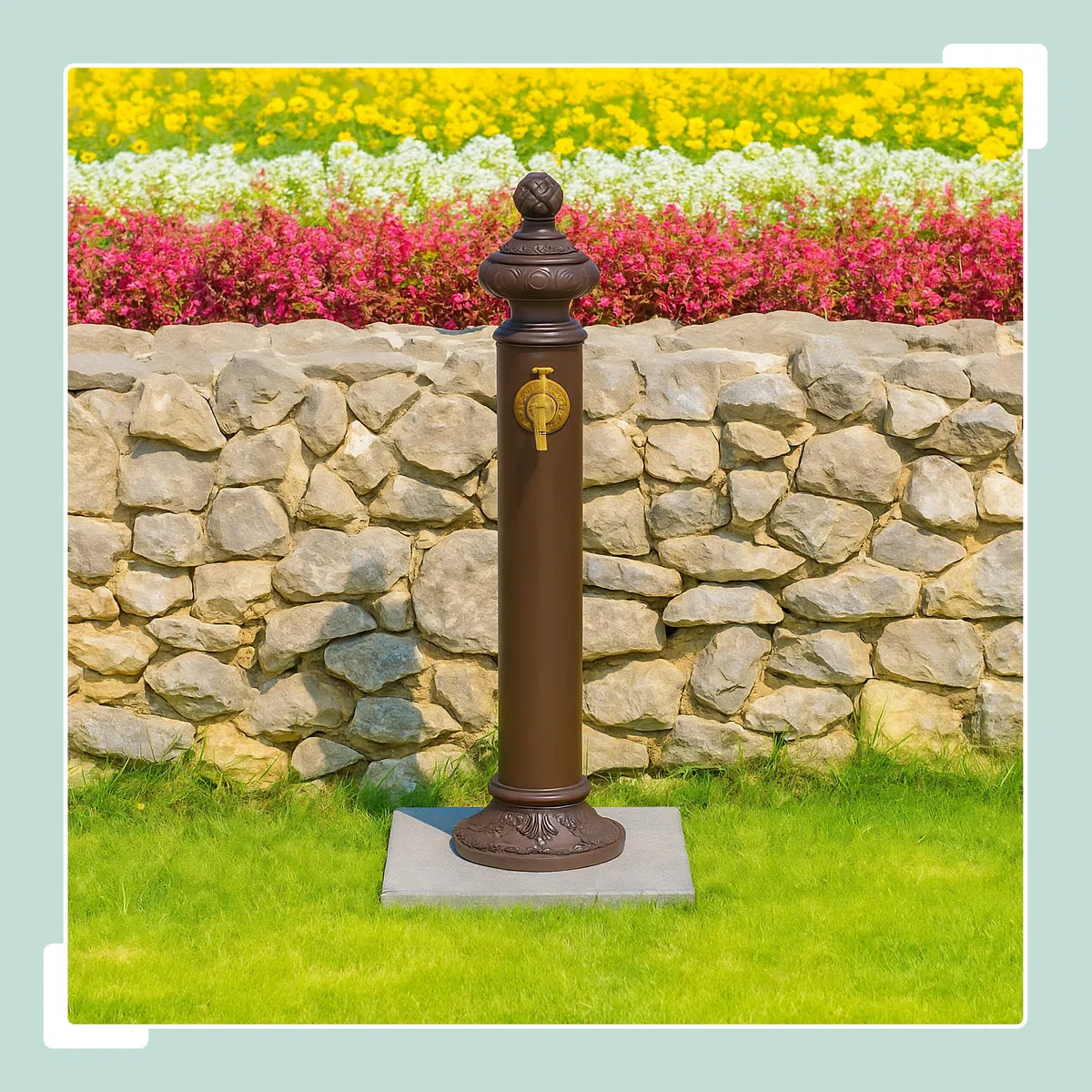 Relaxdays Fuente de Pie Antigua, con Grifo, 87 x 20,5 x 24 cm, Bebedero de Jardín, Terraza, Montaje al Suelo, Marrón