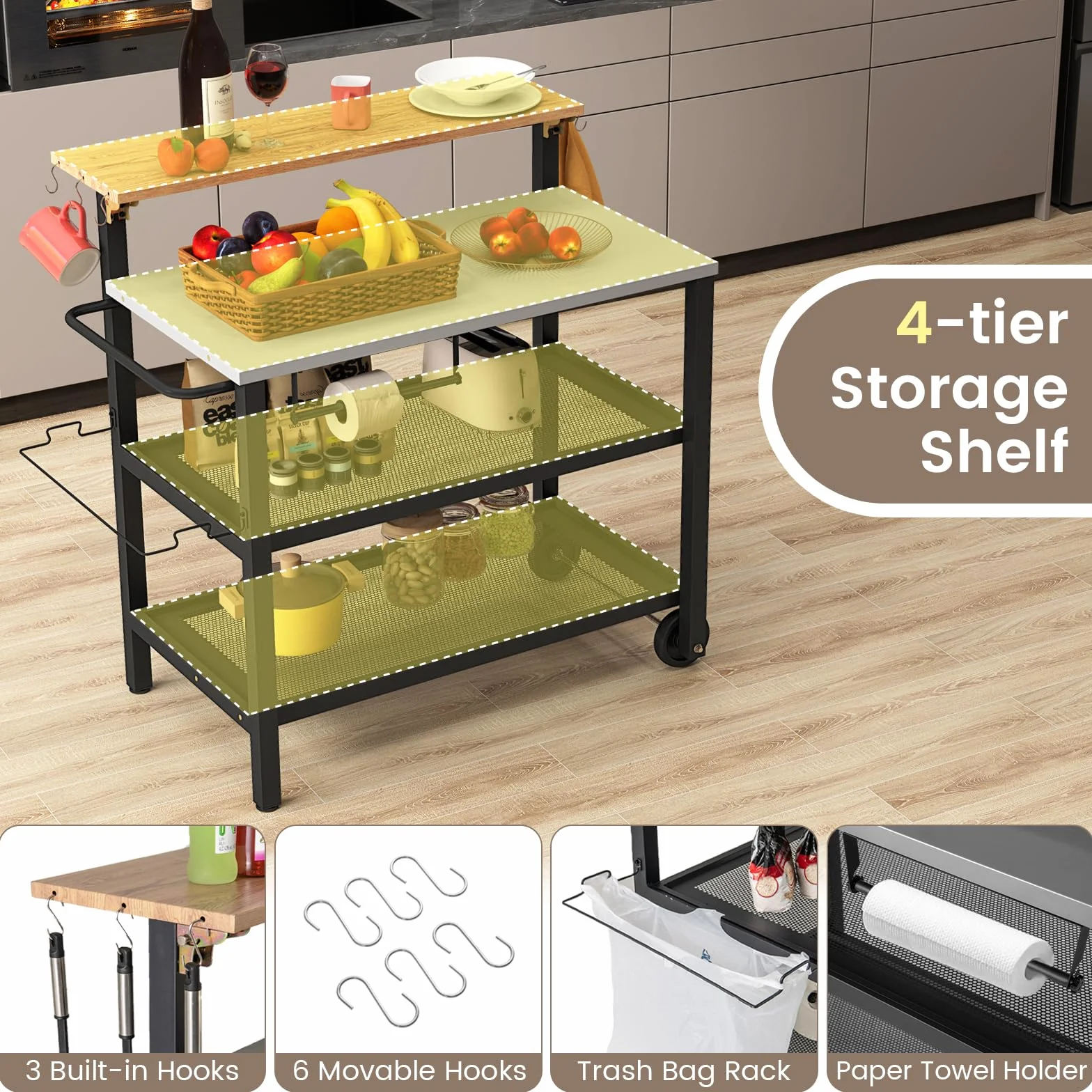 GIANTEX Carro de Cocina Multifuncional 4 Niveles, Carrito de Servicio con Tablero Plegable, Portarrollos de Pañuelos, Portabolsas y Ganchos, 2 Ruedas, Carro de Barbacoa para Patio, Balcón