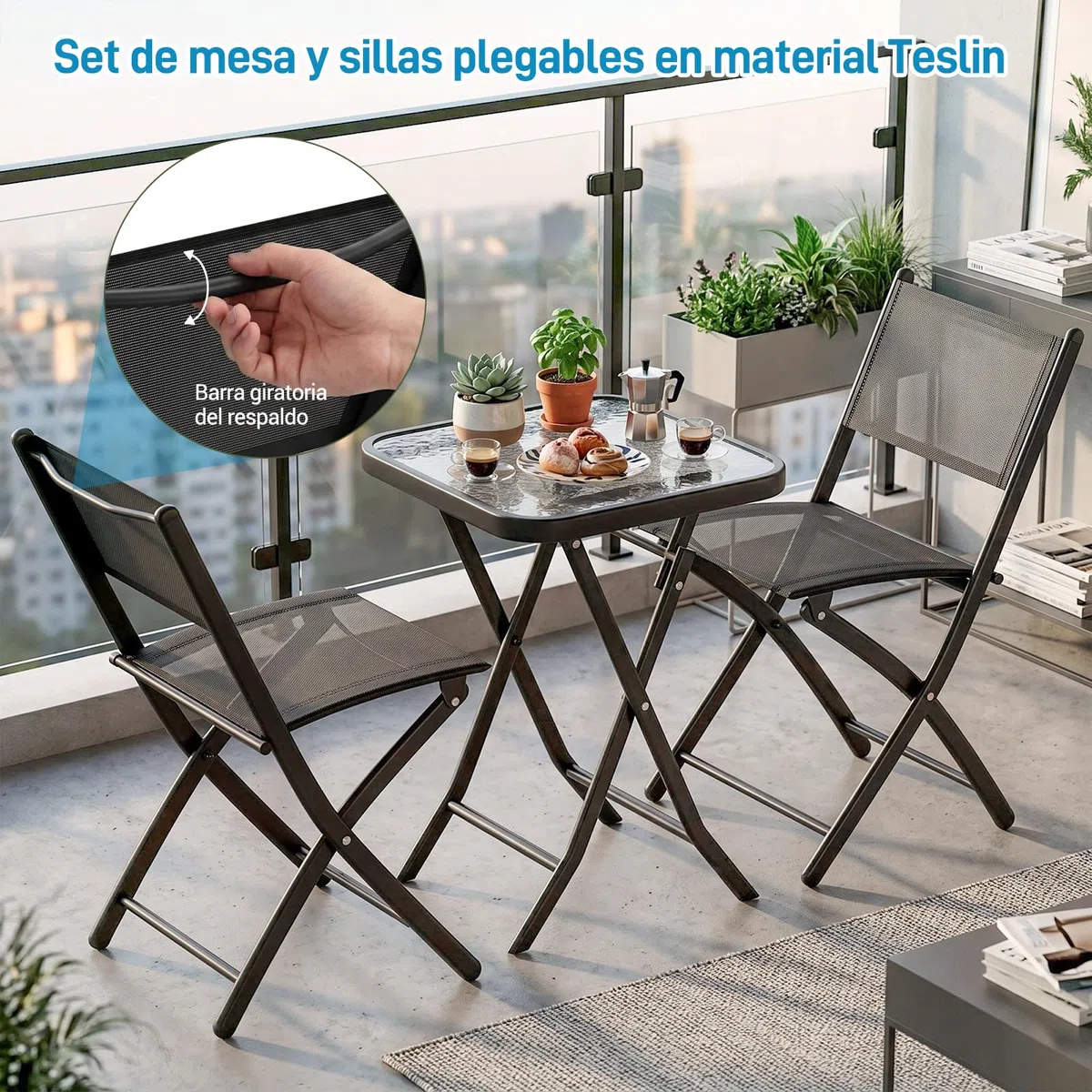 LIFERUN Juego de Muebles de Balcón Plegable, 3 Piezas, Resistente a la Intemperie, con Tablero de Cristal y Sillas de Textileno, 1 Mesa Plegable con 2 Sillas Plegables, Negro