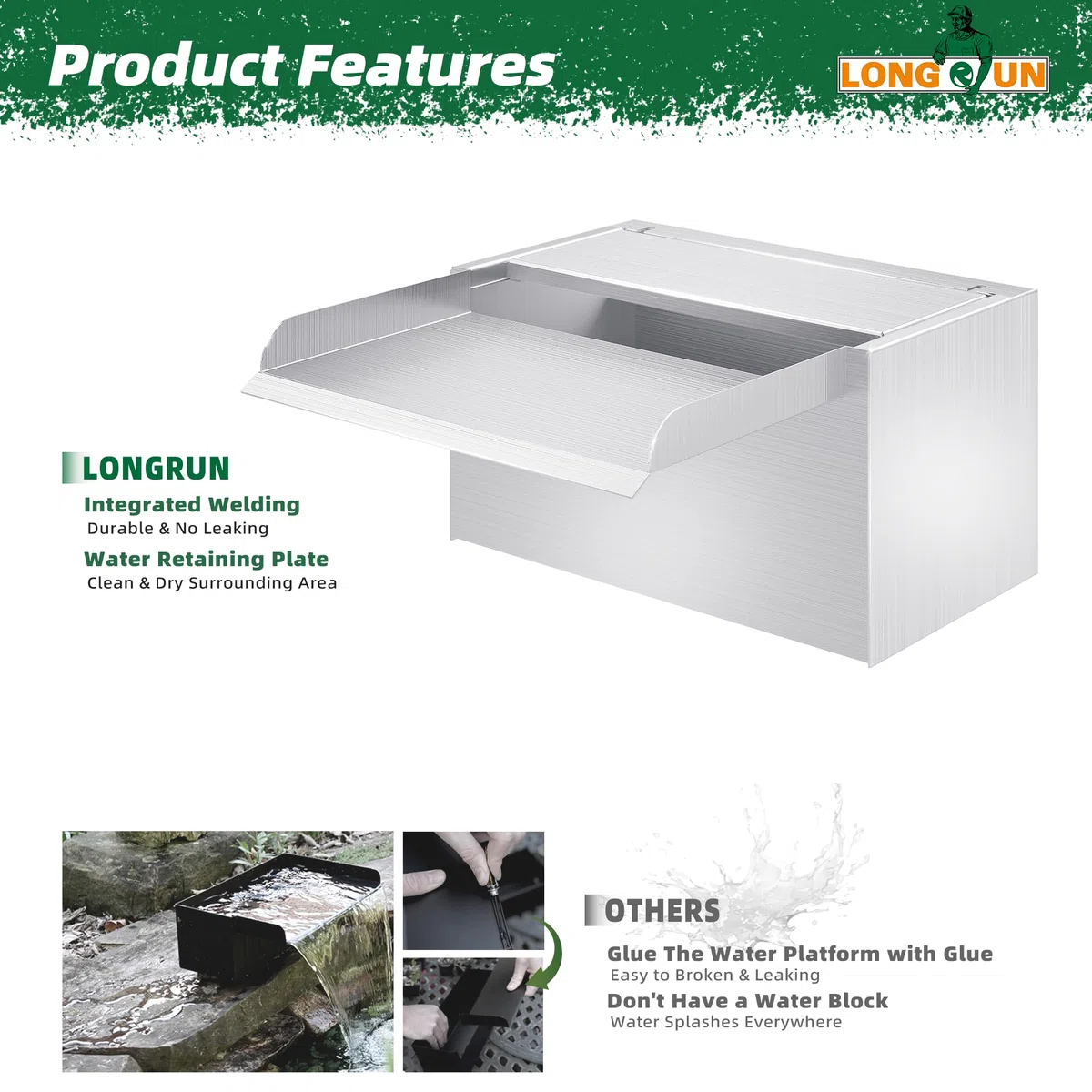 LONGRUN Kit de Cascada de Piscina de Acero Inoxidable de 23 cm, con luz LED RGB Bluetooth y Bomba de Agua de 1500 L