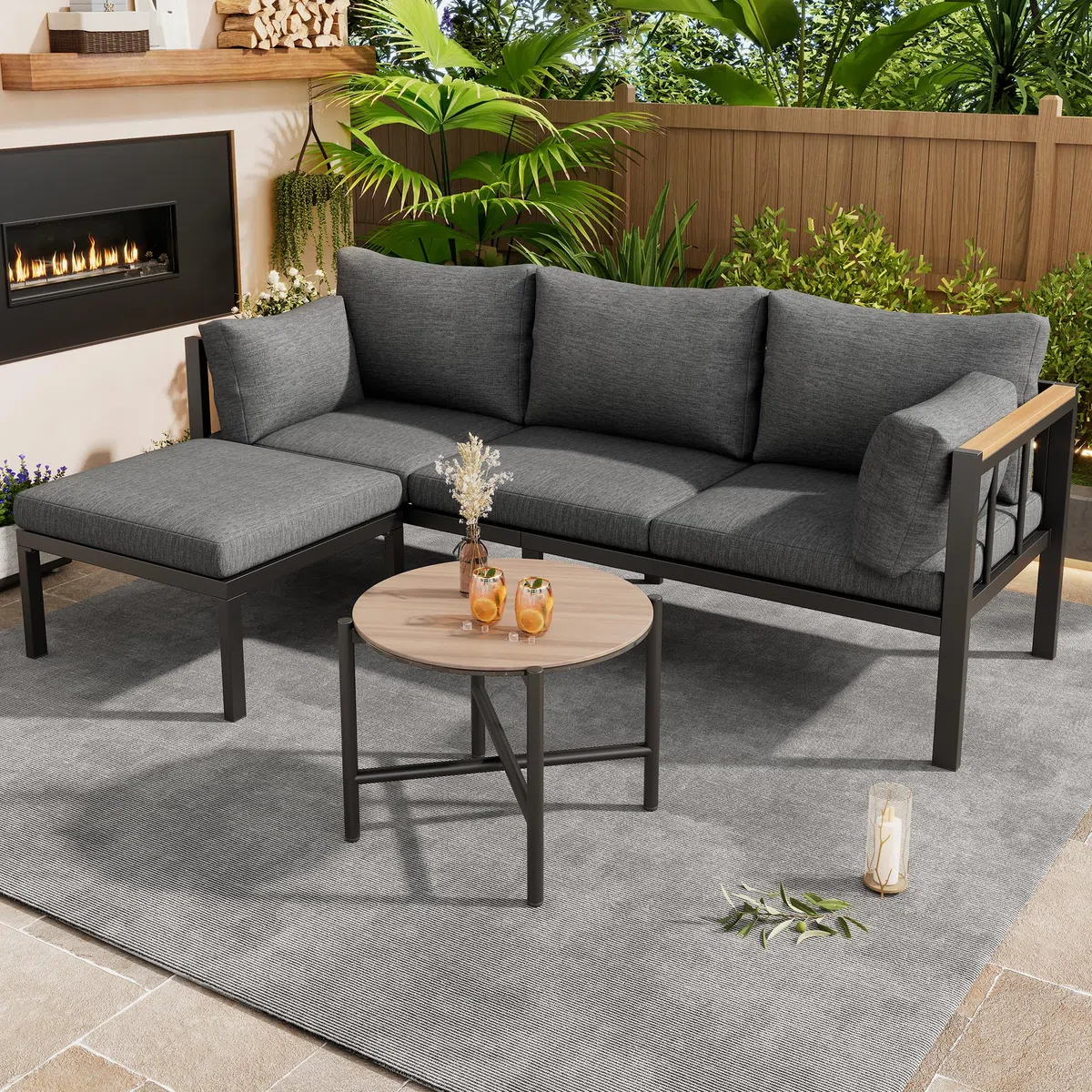 Conjunto Jardin Exterior 3 Piezas Muebles Jardin Exterior con Sofá de 3 Plazas, Banco y Mesa, Mesa y Sillas Terraza con Cómodos Cojines, Mesa y Sillas Terraza Exterior Muebles de Jardín, Gris