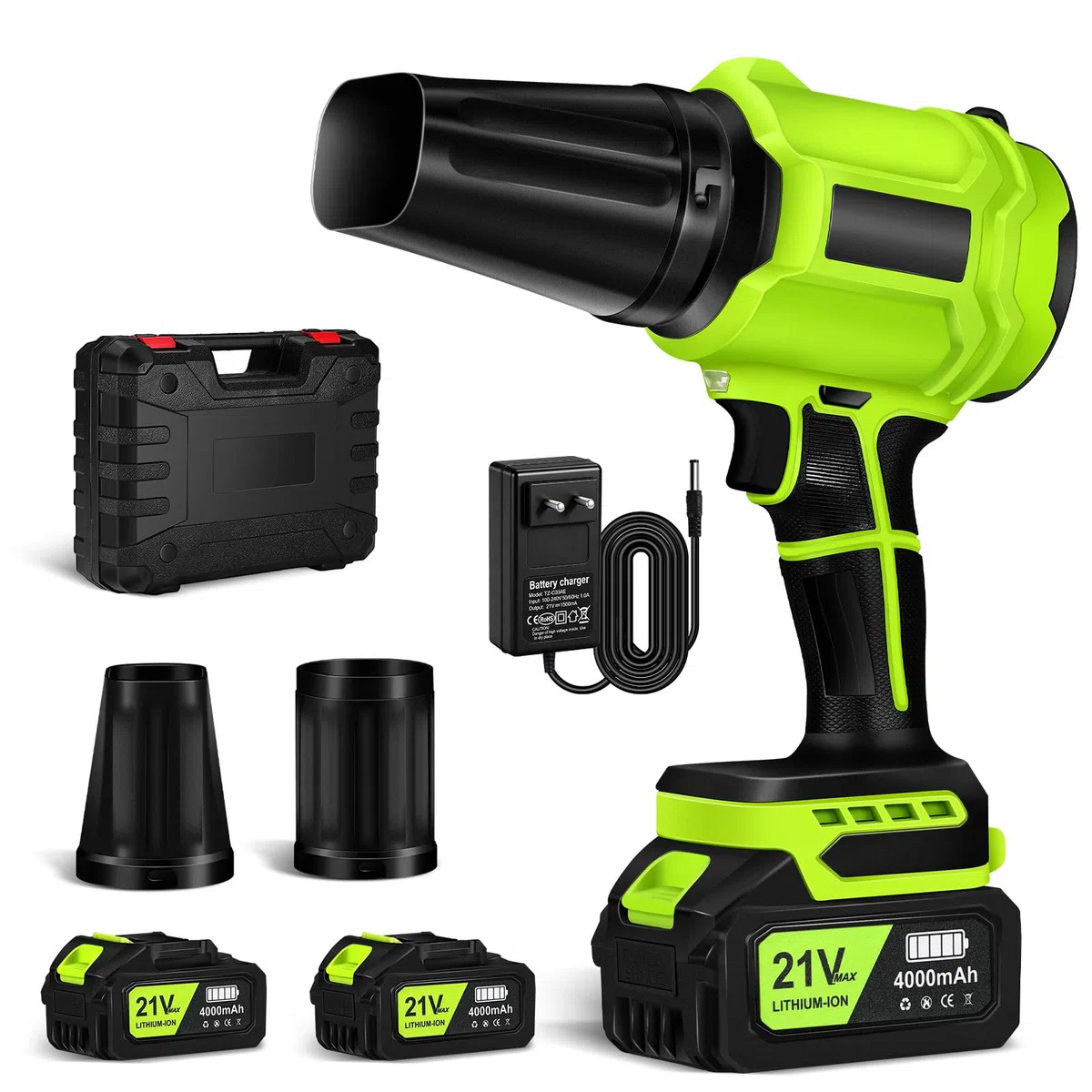 Soplador de Hojas, Soplador Turbo Jet, Soplador de Aire Potente con 2 Baterías 800000 RPM, Ideal para Jardín, Coche, Patio, Nieve y Camping, Verde Lima
