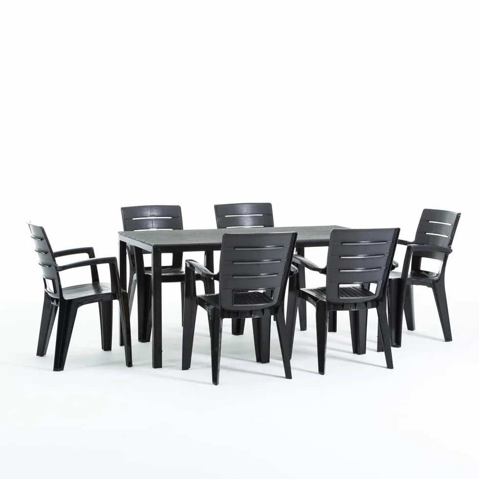 Conjunto jardín exterior mesa y sillas para 6 personas, mesa rectangular de acero con listones de polietileno efecto madera, 6 sillas apilables de resina - Thomas & Anita (Antracita)