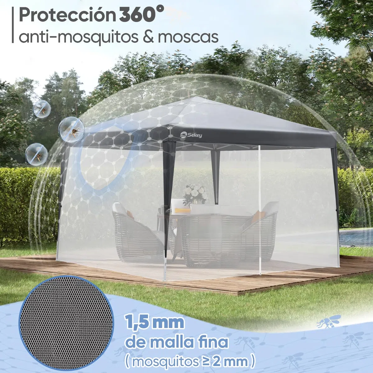 Sekey Mosquitera para Carpa 3 x 3 m, Carpa No Incluido, Mosquitera para Cenador con Cremallera e Tiras de Velcro, Blanco