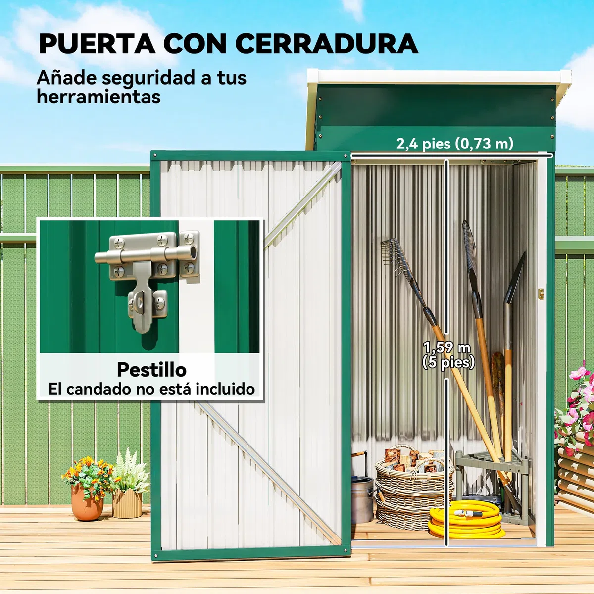 Outsunny Caseta de Jardín Exterior 0,74 m², 107,5x91x185 cm, Cobertizo de Jardín Exterior Metálico con Techo Inclinado, Puerta con Cerradura y Ventilaciones para Almacenamiento de Herramientas, Verde