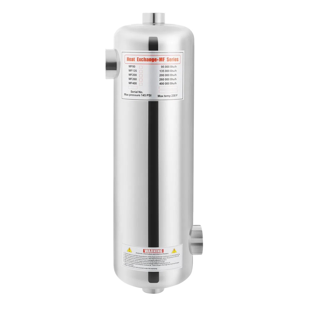 Intercambiador de calor de alto rendimiento, 60 kW, acero inoxidable 304, intercambiador de calor para piscinas, 250 L/min, con diseño de fuelle, compacto de 48 cm de longitud, funcionamiento