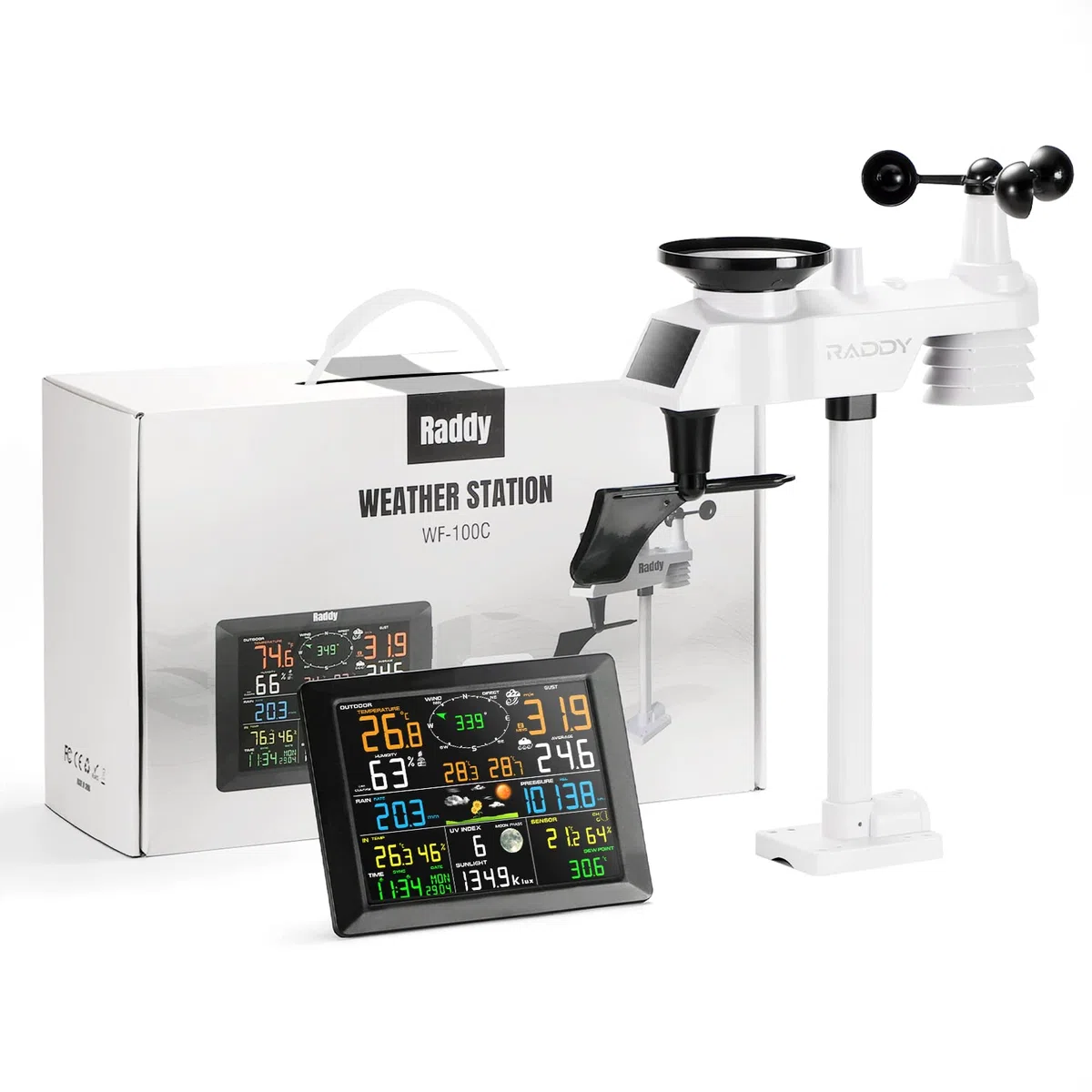 Raddy WF-100C Estación meteorológica wifi profesional con sensor inalámbrico para exteriores, pantalla de 8", barómetro, indicador de viento, indicador de lluvia, sensor solar para el hogar, el jardín