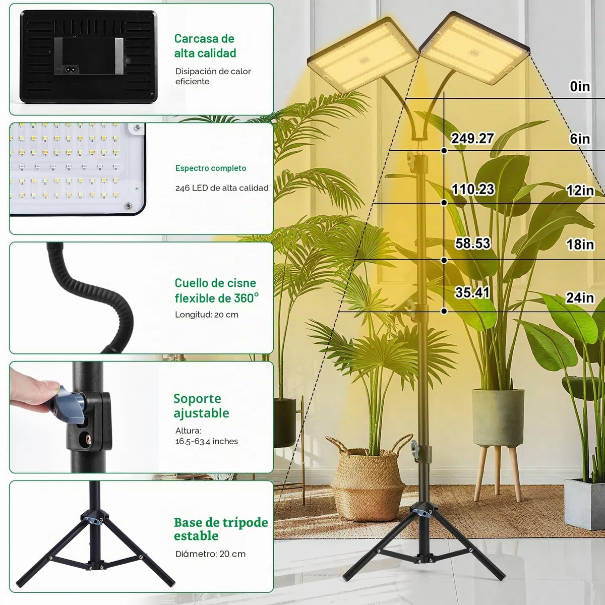 Lámpara LED de espectro completo con soporte ajustable, 246 LED, lámpara de cultivo con temporizador y 10 brillo, luz para plantas, para flores, verduras, hidroponía y siembra, para principiantes y