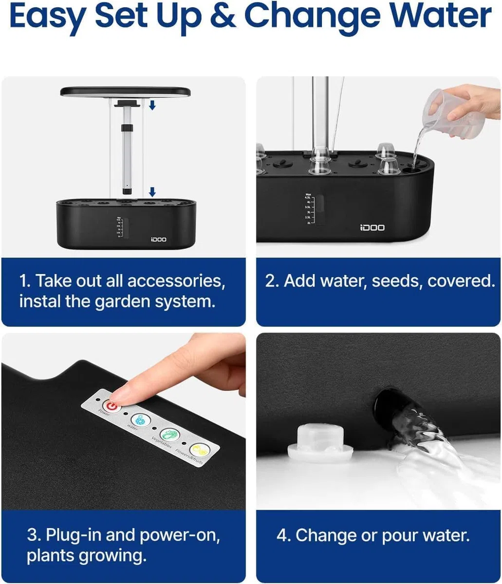 iDOO Sistemas de Cultivo Hidropónico, Temporizador Automático, Lámpara LED para Plantas, 10 Pods, Jardín de Hierba para Interior, Juego de Germinación de Jardín, Altura Ajustable