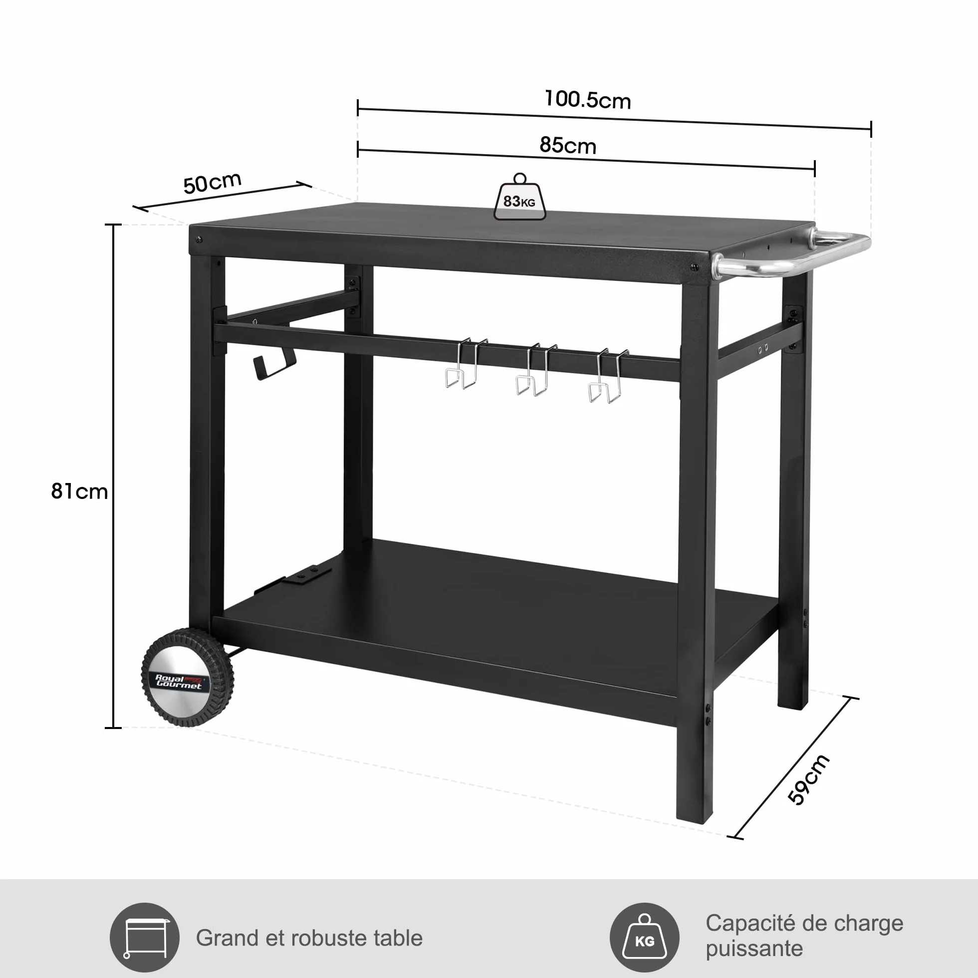 Royal Gourmet - Carro para Barbacoa de Metal con Gran Superficie de Trabajo, Apto para postres de jardín, Horno de Pizza, 100,5 x 59 x 81 cm, Color Negro