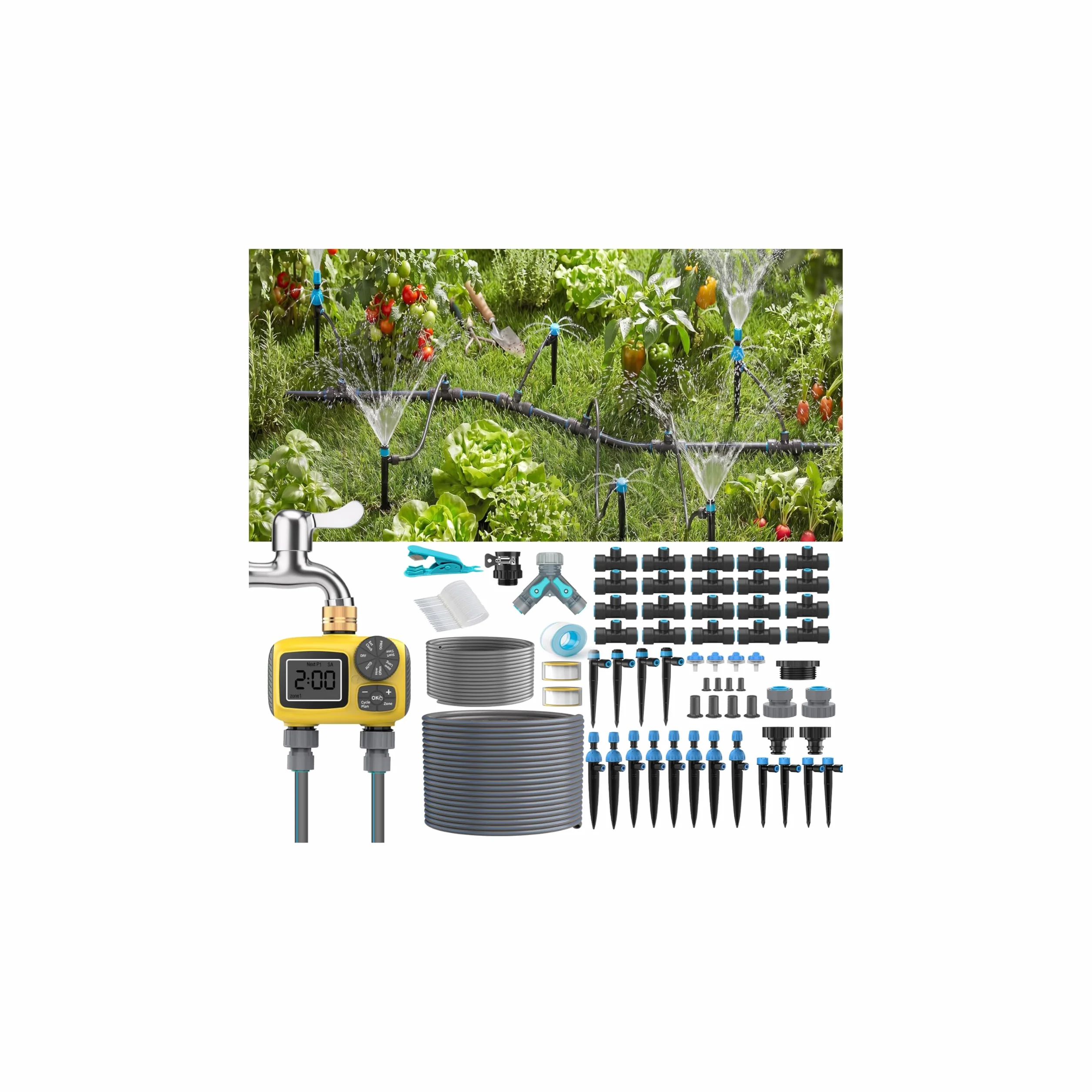 Kit de Sistema de Riego por Goteo con Temporizador Automático de Agua de 2 Zonas con Pantalla LCD,Temporizador de Riego con Nuevo Conector Rápido Antifugas para Jardín,Césped