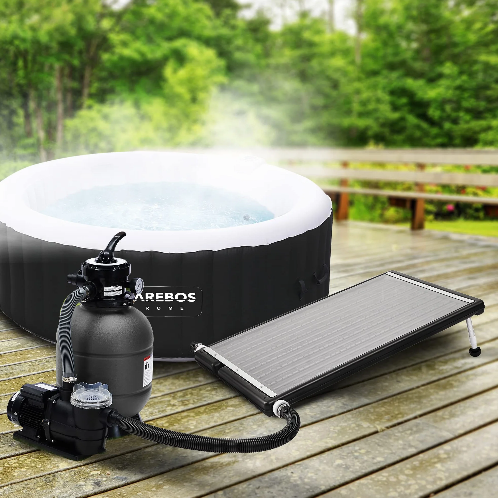 Arebos Calentador solar para piscina, 110 x 65 x 7,5 cm Calentador solar para piscina, capacidad de hasta 15 litros, caudal de hasta 10.000 L/h, conexión de manguera Ø 32/38 mm, incluye material de