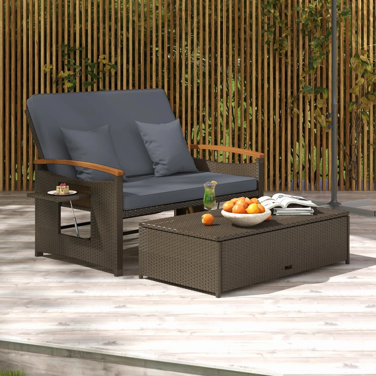 GYMAX Sofa Exterior de Ratán con Reposapiés de Almacenamiento, Conjunto Jardín de 2 Plazas con 4 Niveles y Cojines Acogedores, Bandejas Laterales Retráctiles (Gris, S)
