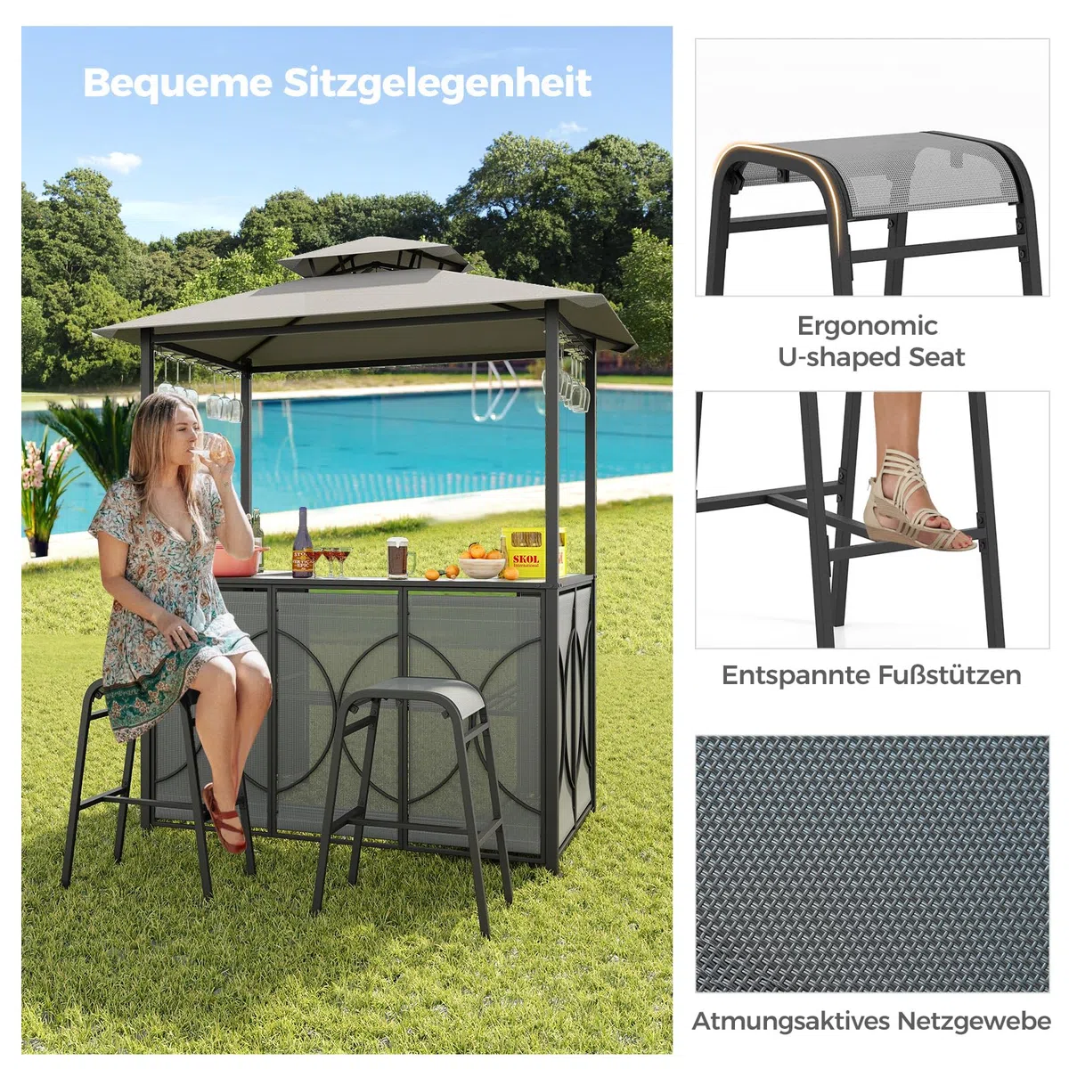 GOPLUS Cenador para barbacoa, doble techo con cristal templado, mesa de bar, 2 taburetes, soportes de cristal, 2 estantes, toldo para barbacoa, resistente a la intemperie, para exterior, jardín, patio