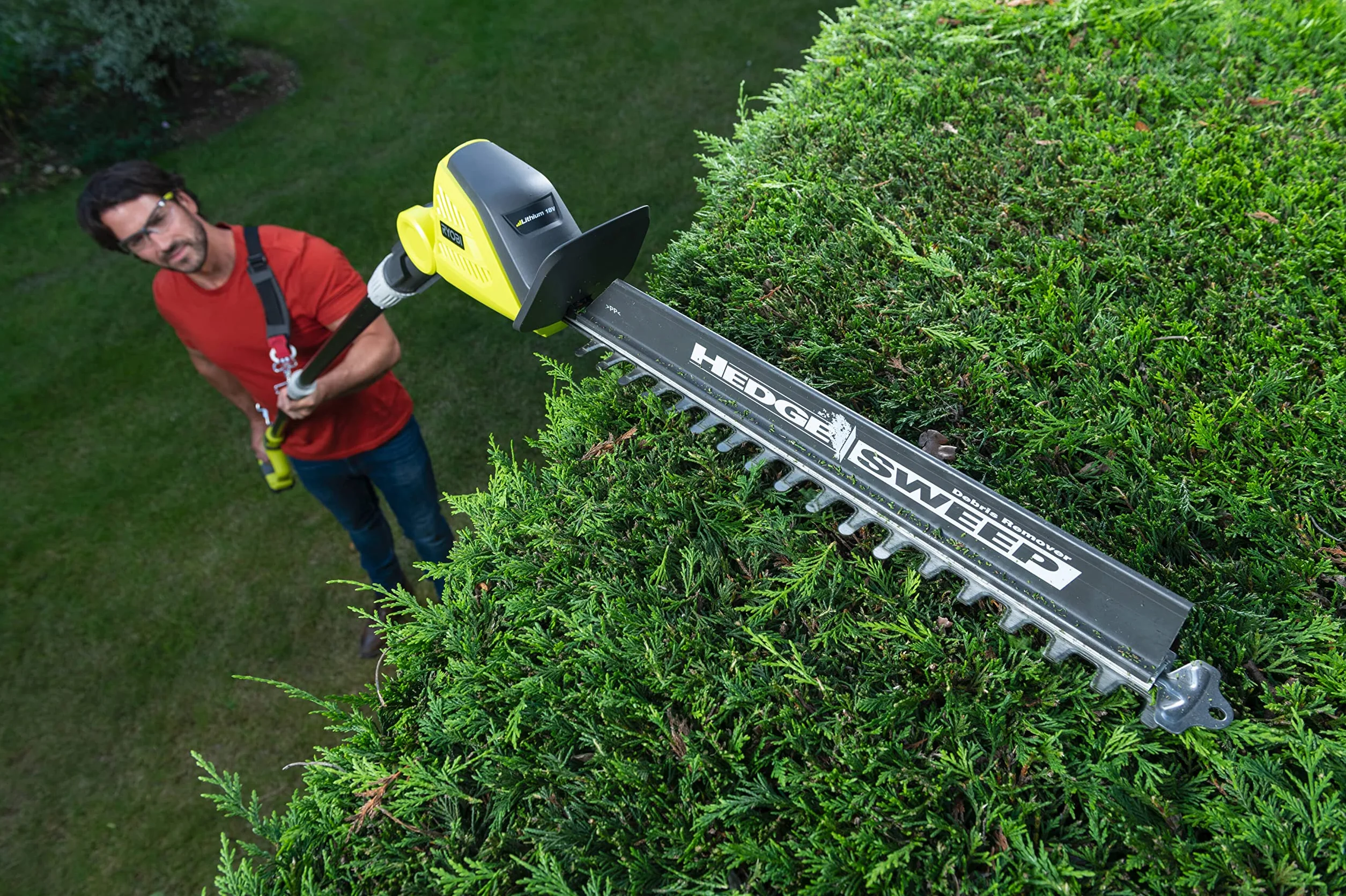 RYOBI - Cortasetos con Pértiga Sin Cable 18V One+ - Cuchillas 45cm - Trabajos de Largo Alcance - Se Entrega con 1 Funda, 1 Arnés, 1 Extensión - OPT1845 - Sin Batería ni Cargador