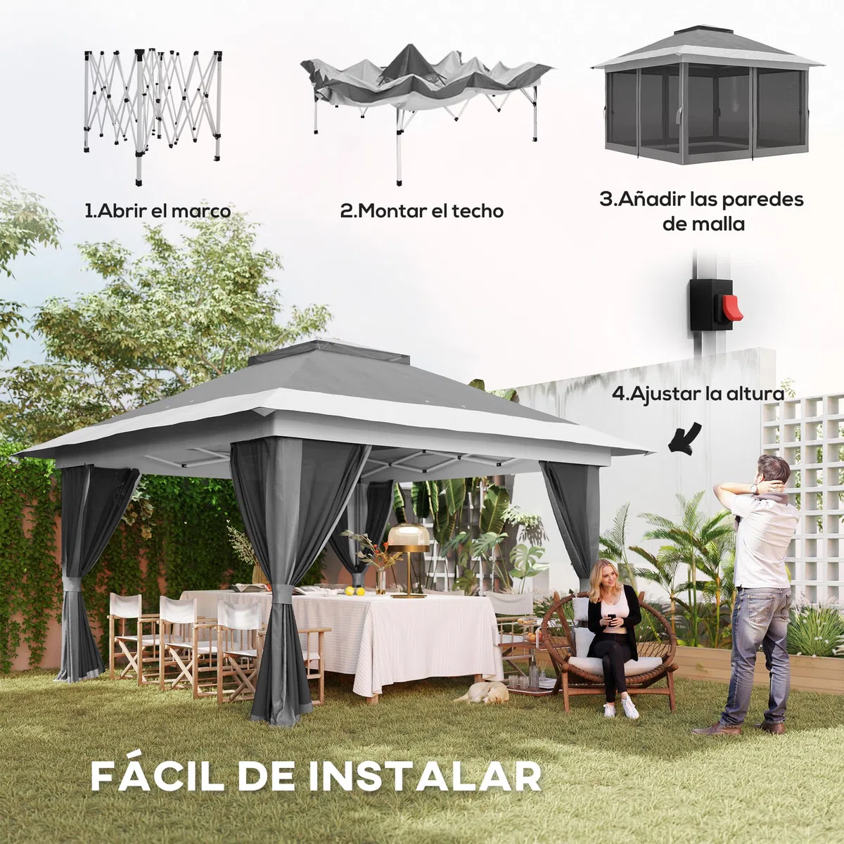Outsunny Carpa Plegable Gazebo, 3,6x3,6 m, Cenador Plegable con 4 Paredes Laterales de Malla, Anti-UV, Altura Ajustable, Bolsa de Arena y Bolsa de Transporte, para Camping, Fiestas, Gris Oscuro