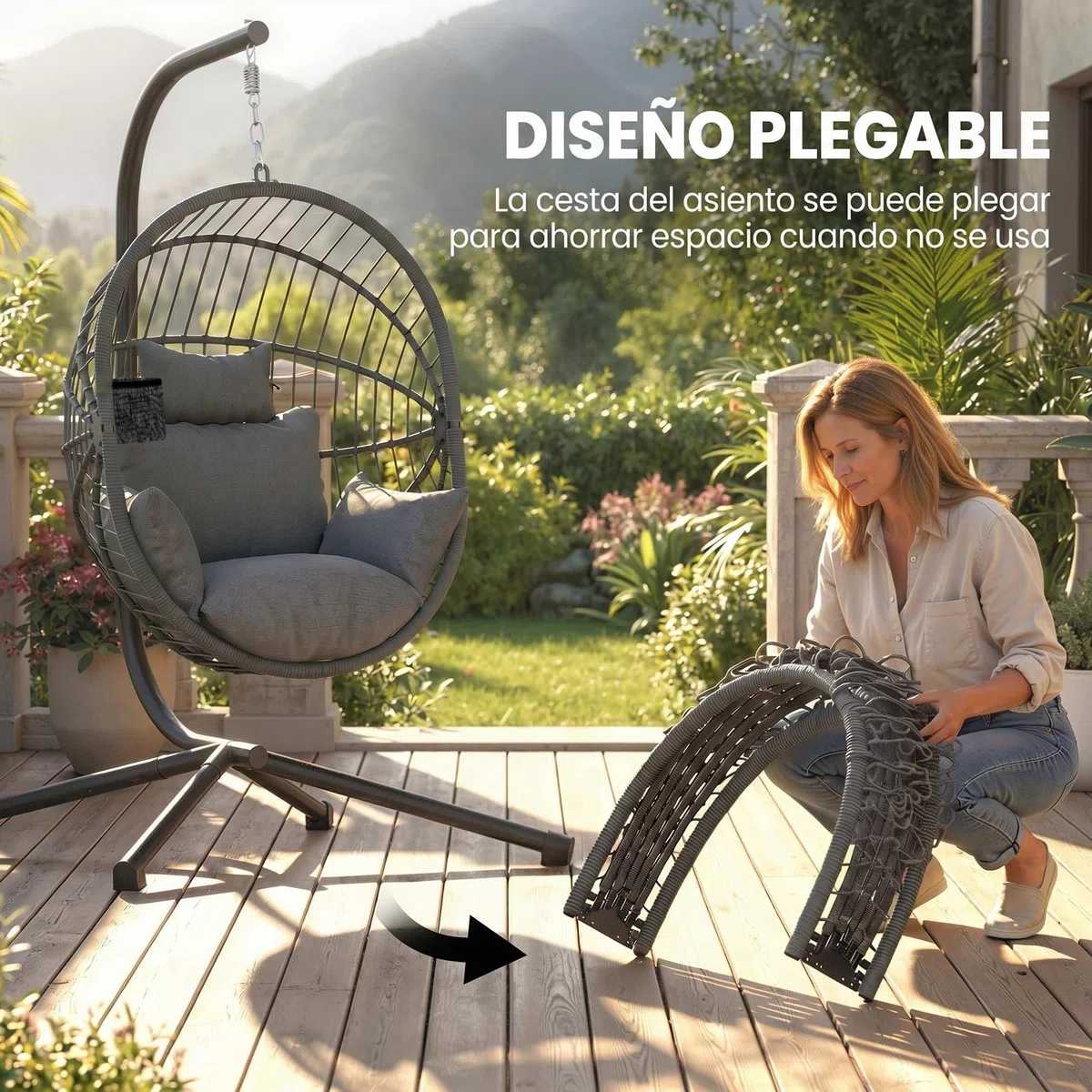 Outsunny Silla Colgante Huevo con Soporte Columpio Jardín Exterior con Cesta Plegable Cojín y Reposacabezas Columpio Colgante para Interior y Exterior Carga 120 kg Gris