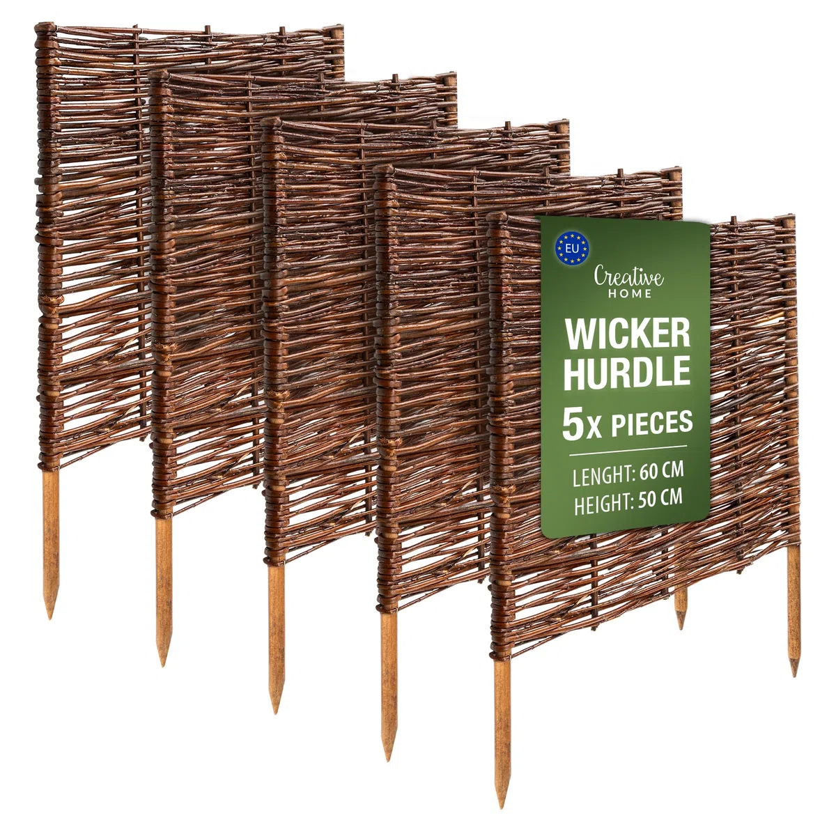 Creative Home Set de 5 Vallas de Mimbre Natural | Tamaño: 60 x 50 cm (+/- 1 cm) | Valla de Jardín para Delimitar Parterres Decorativa | Cerramiento Cercado de Césped | para Jardín Balcón Terraza