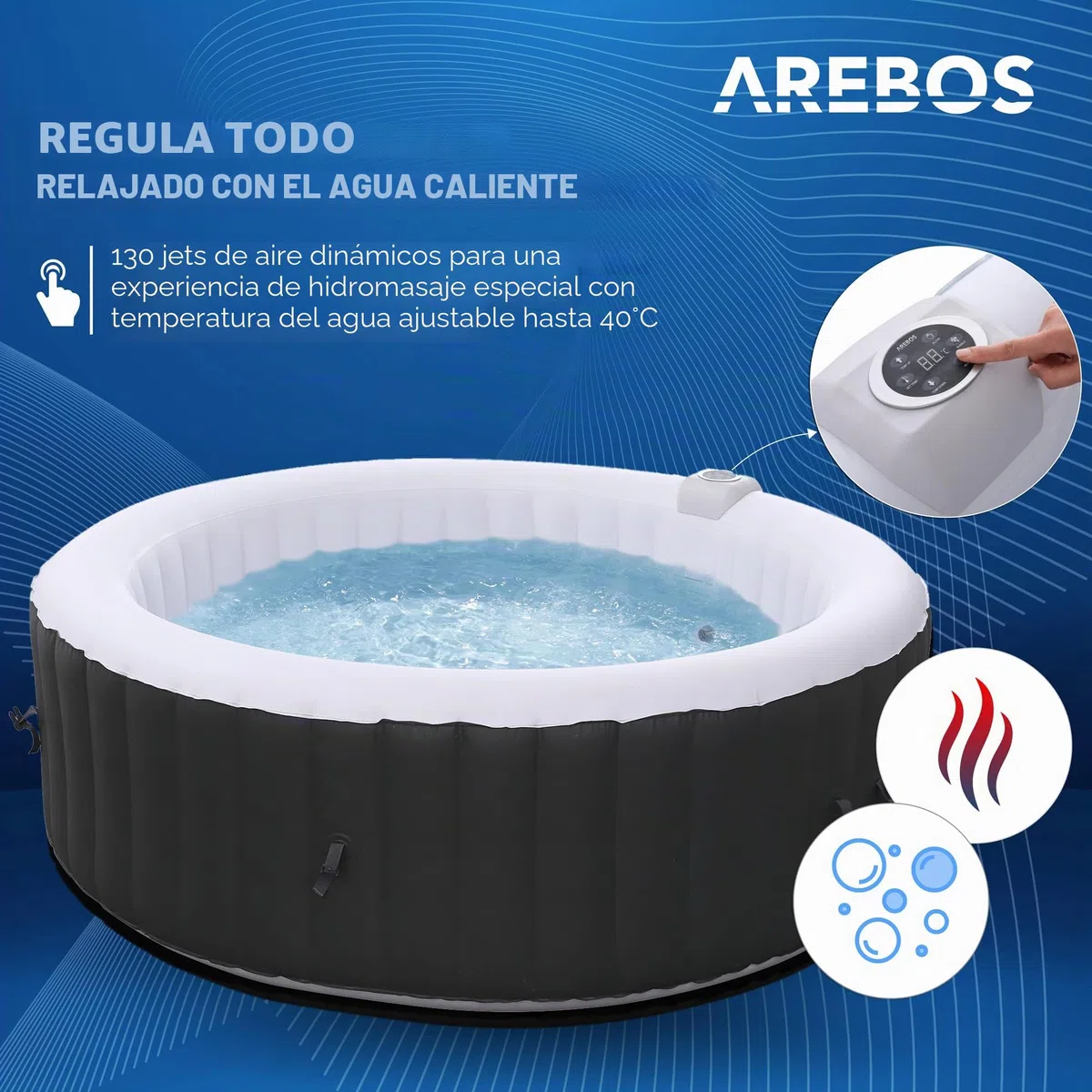 Arebos SPA Hinchable Piscina de hidromasaje | Hinchable | Redonda | para Interior y Exterior | ⌀ 208 cm | 6 Personas | 130 chorros de Masaje | 1000 litros